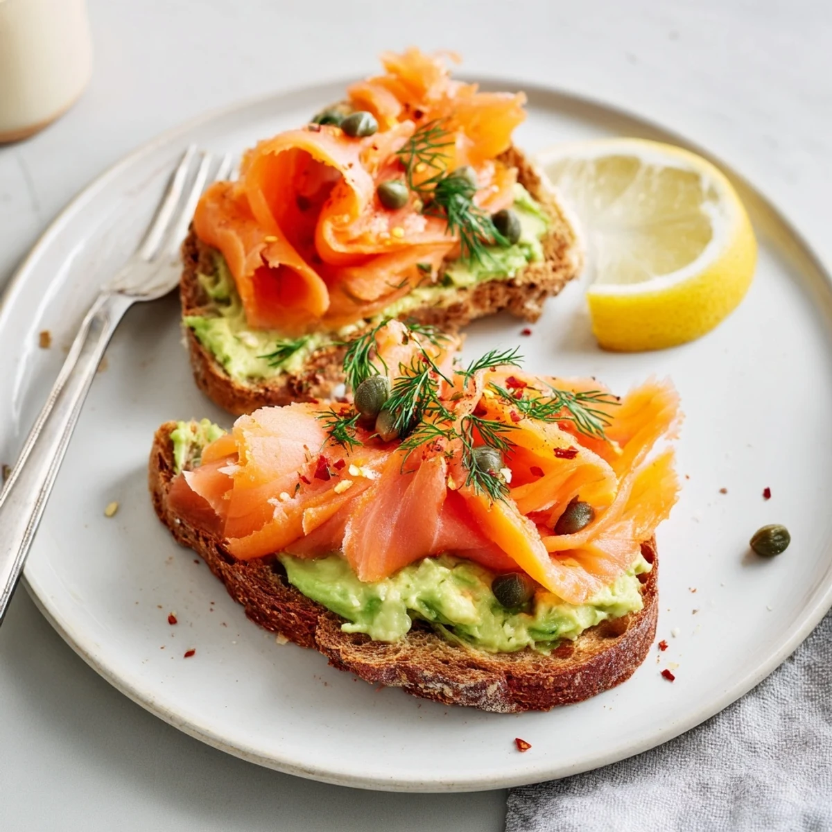 Bright Salmon Avocado Toast on crispy toasted sourdough, sprinkled capers and pepper.