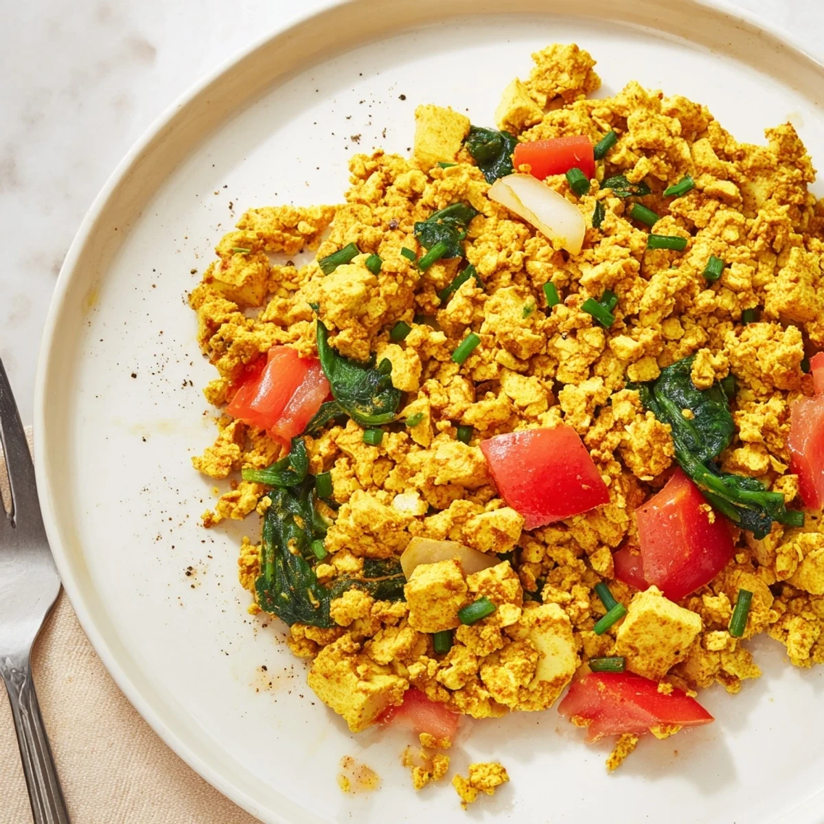 Sizzling skillet Tofu Scramble steaming, seasoned with cumin and kala namak