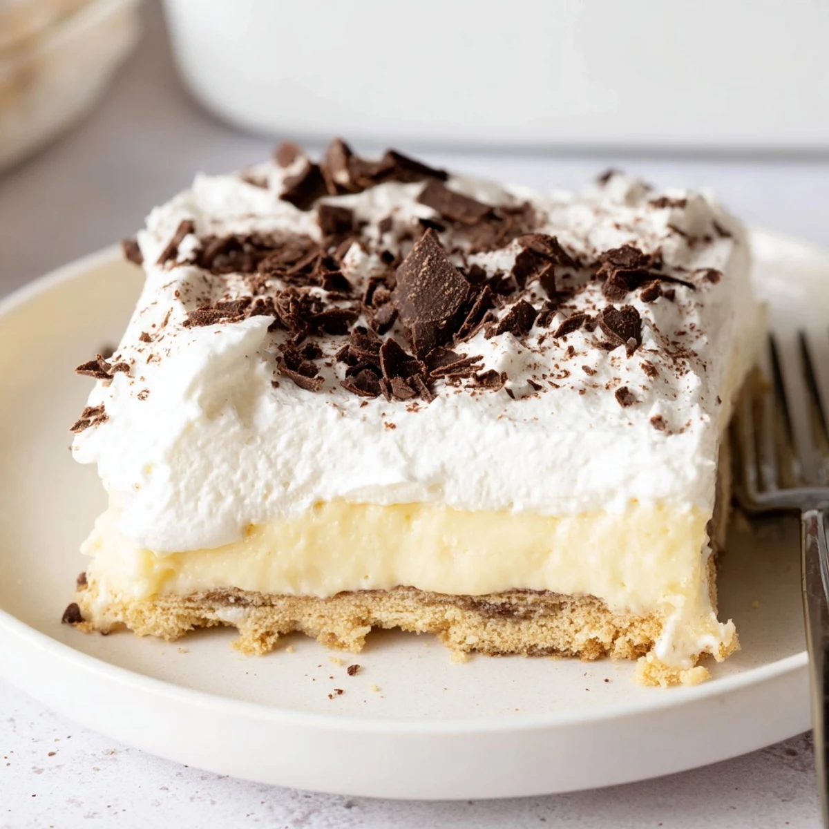 No Bake Layered Dessert with creamy pudding and crunchy graham cracker base