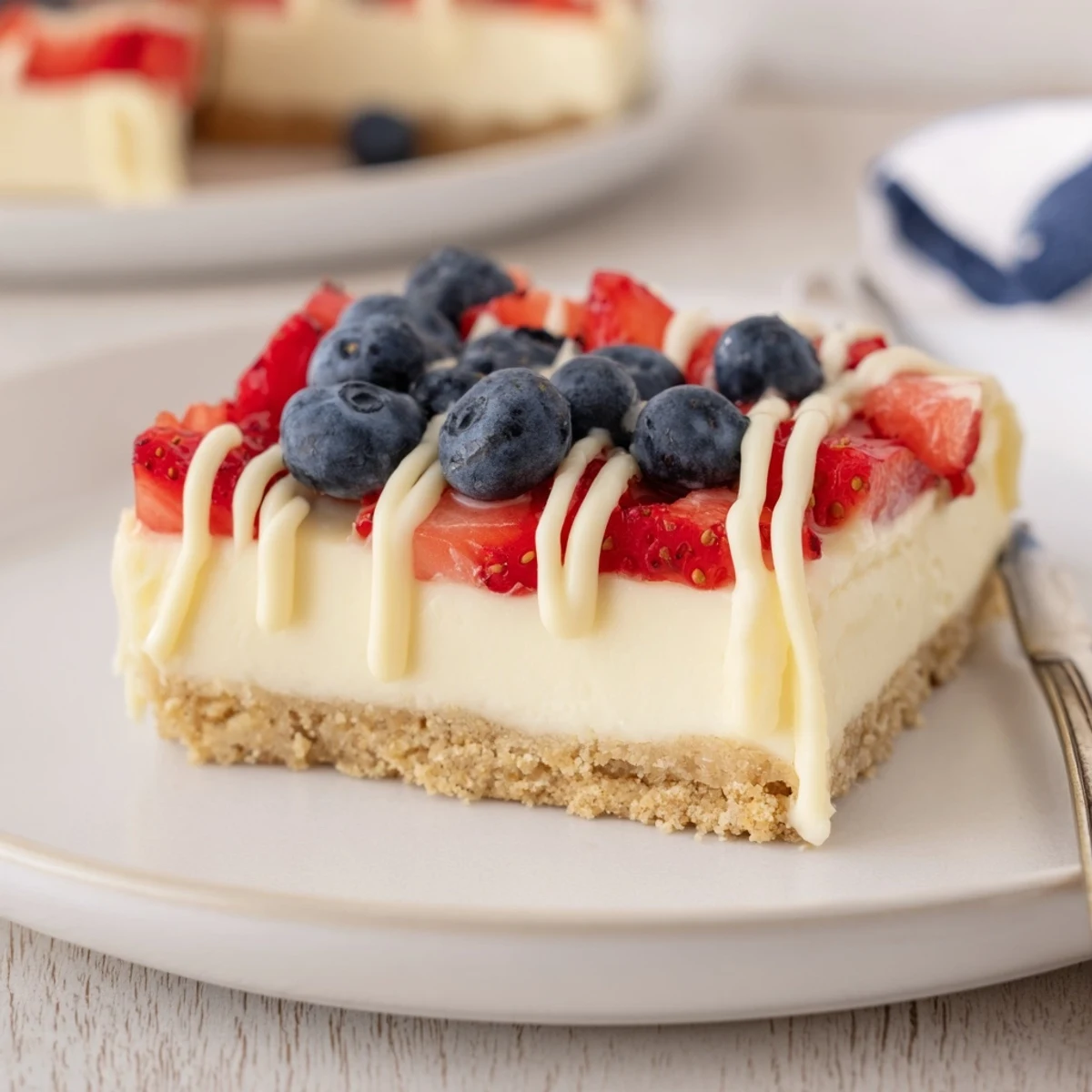 Sliced Patriotic Cheesecake Bars resting on parchment, buttery crust and tangy filling