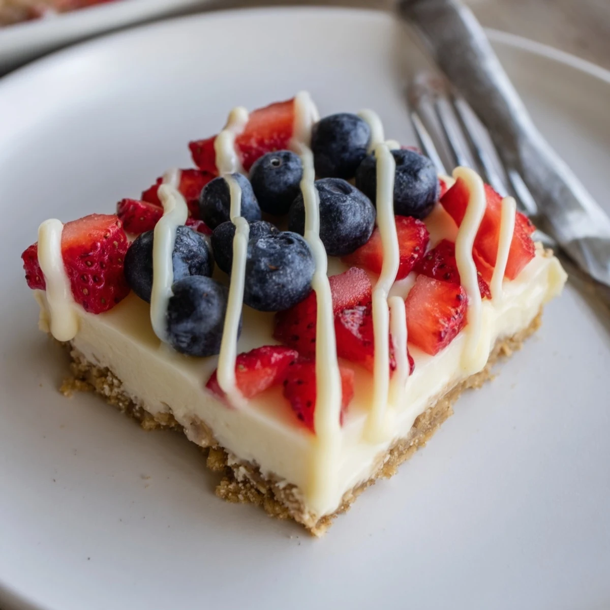 Bright Patriotic Cheesecake Bars drizzled with white chocolate, perfect for Fourth of July gatherings