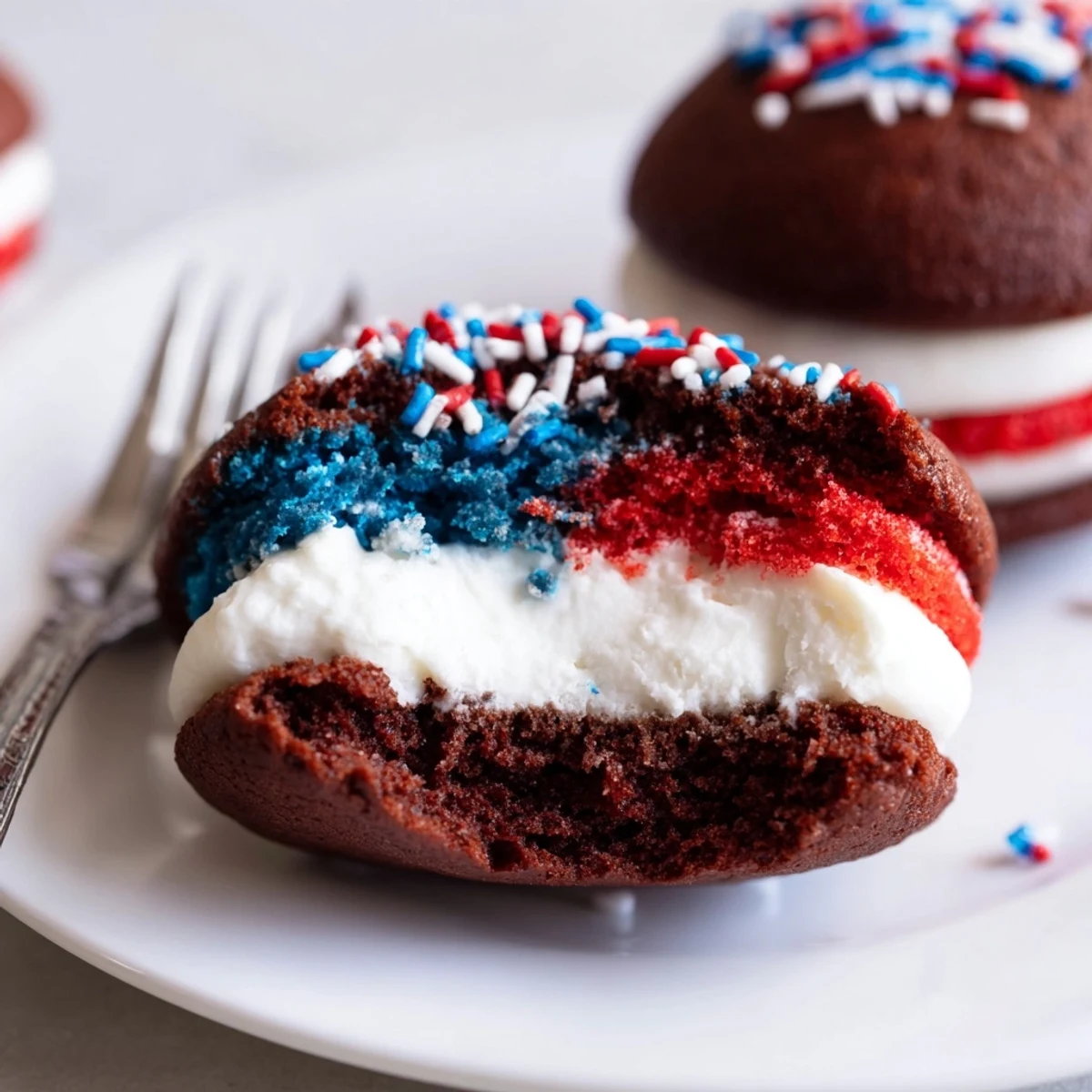Patriotic Whoopie Pies with fluffy marshmallow filling, red white blue sprinkles, picnic ready