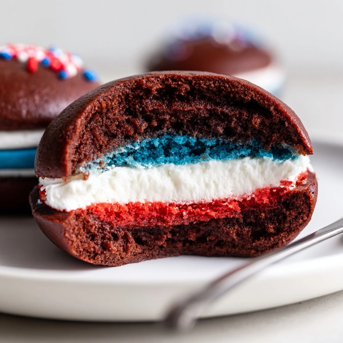 Fresh baked Patriotic Whoopie Pies cooling on rack, chocolate cakes, creamy frosting