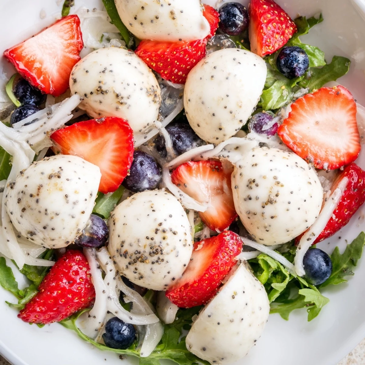 4th Of July Salad with juicy strawberries, blueberries, crisp jicama, balsamic drizzle