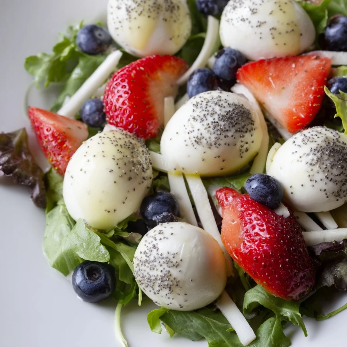 Bright 4th Of July Salad topped with mozzarella, poppy seed dressing, festive crunch