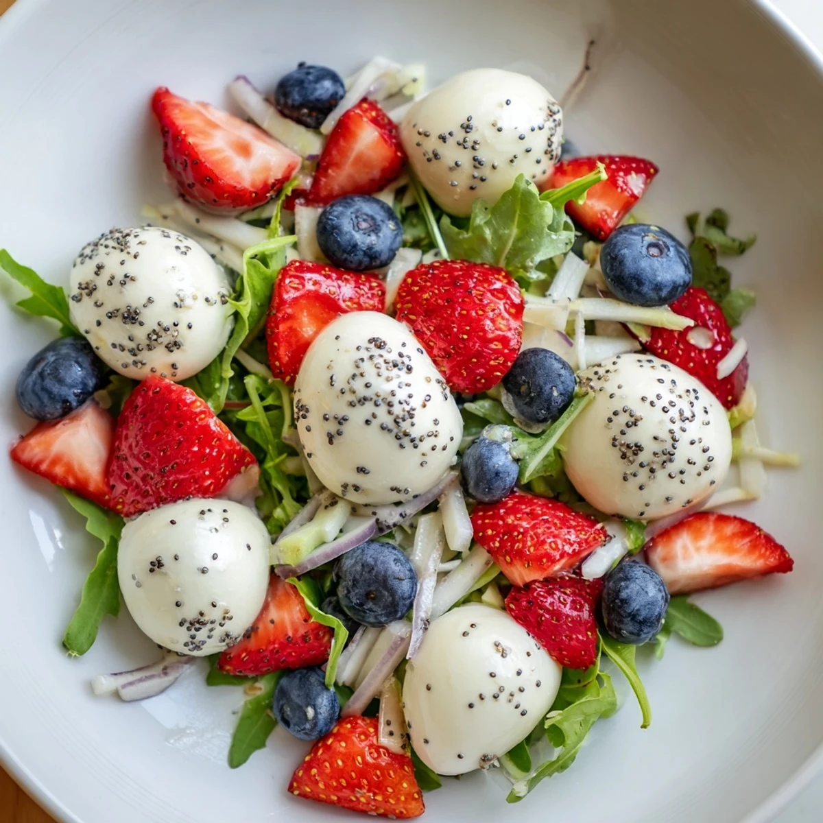 Serve chilled 4th Of July Salad on platter, tangy honey vinaigrette finishing touch
