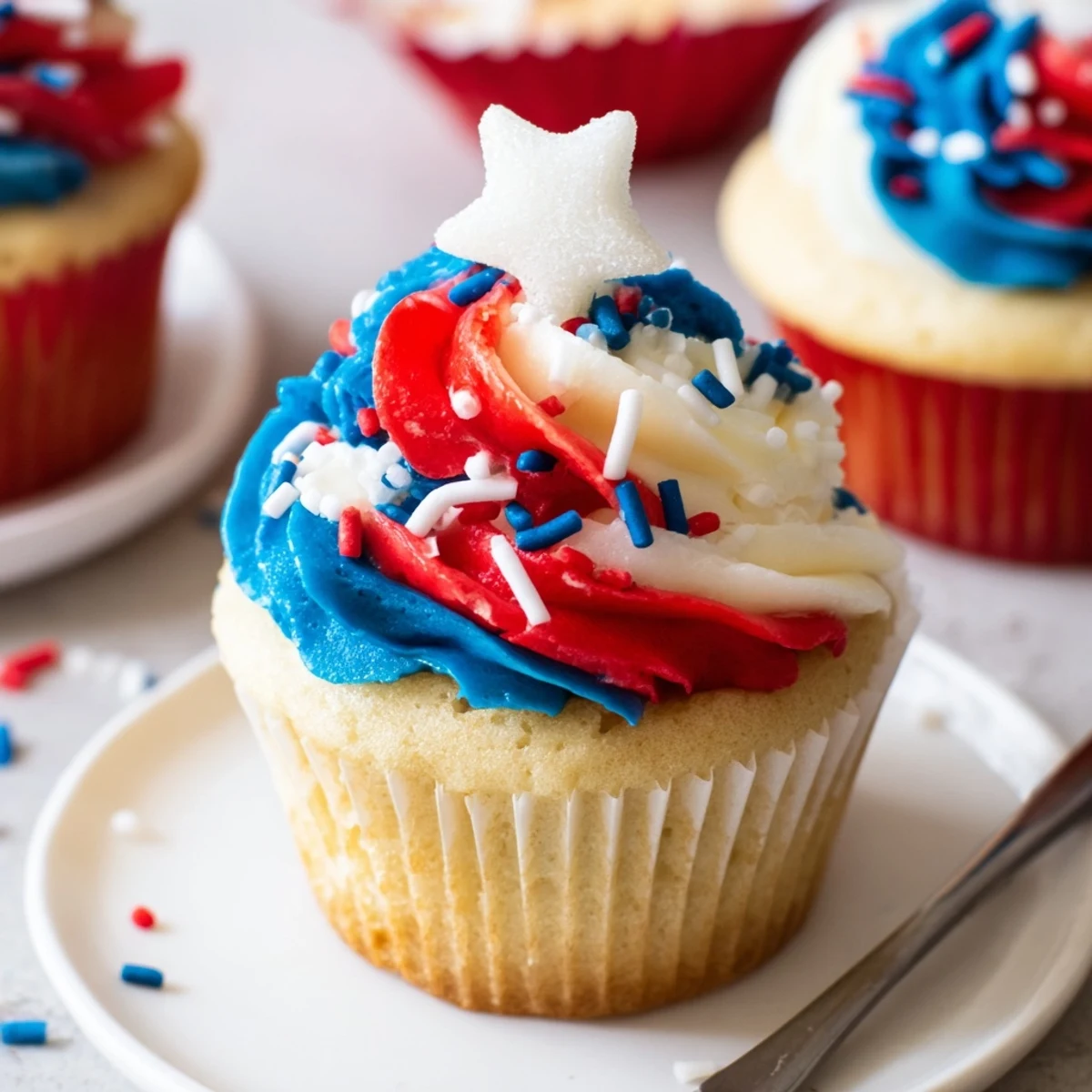 A platter of Patriotic Firework Cupcakes ready for Fourth of July celebration
