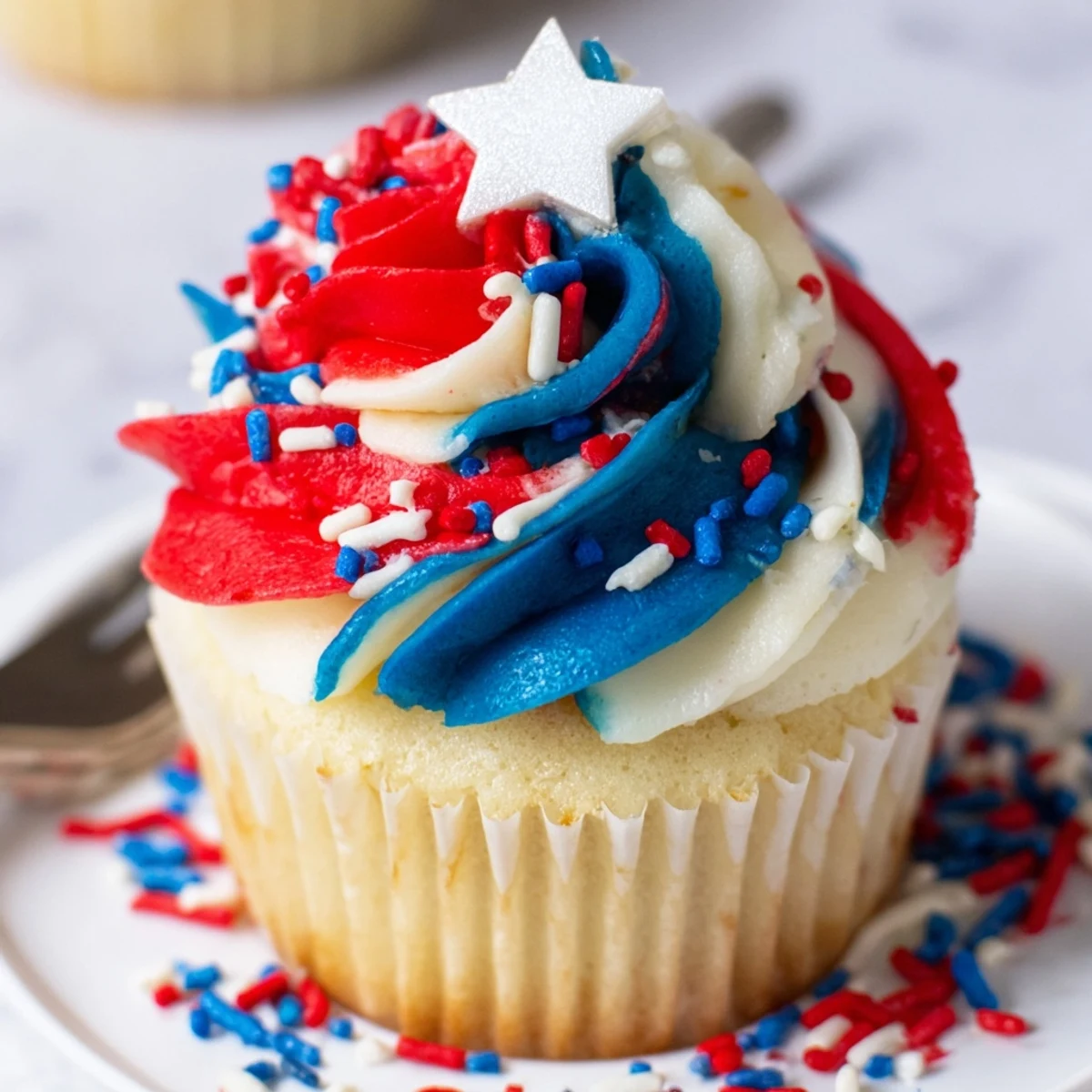 Close-up of Patriotic Firework Cupcakes topped with star sprinkles and mini sparklers