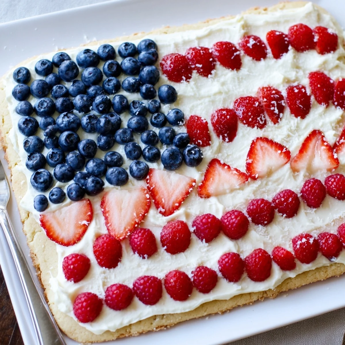 Sugar Cookie Flag Fruit Pizza topped with creamy frosting and juicy berries.