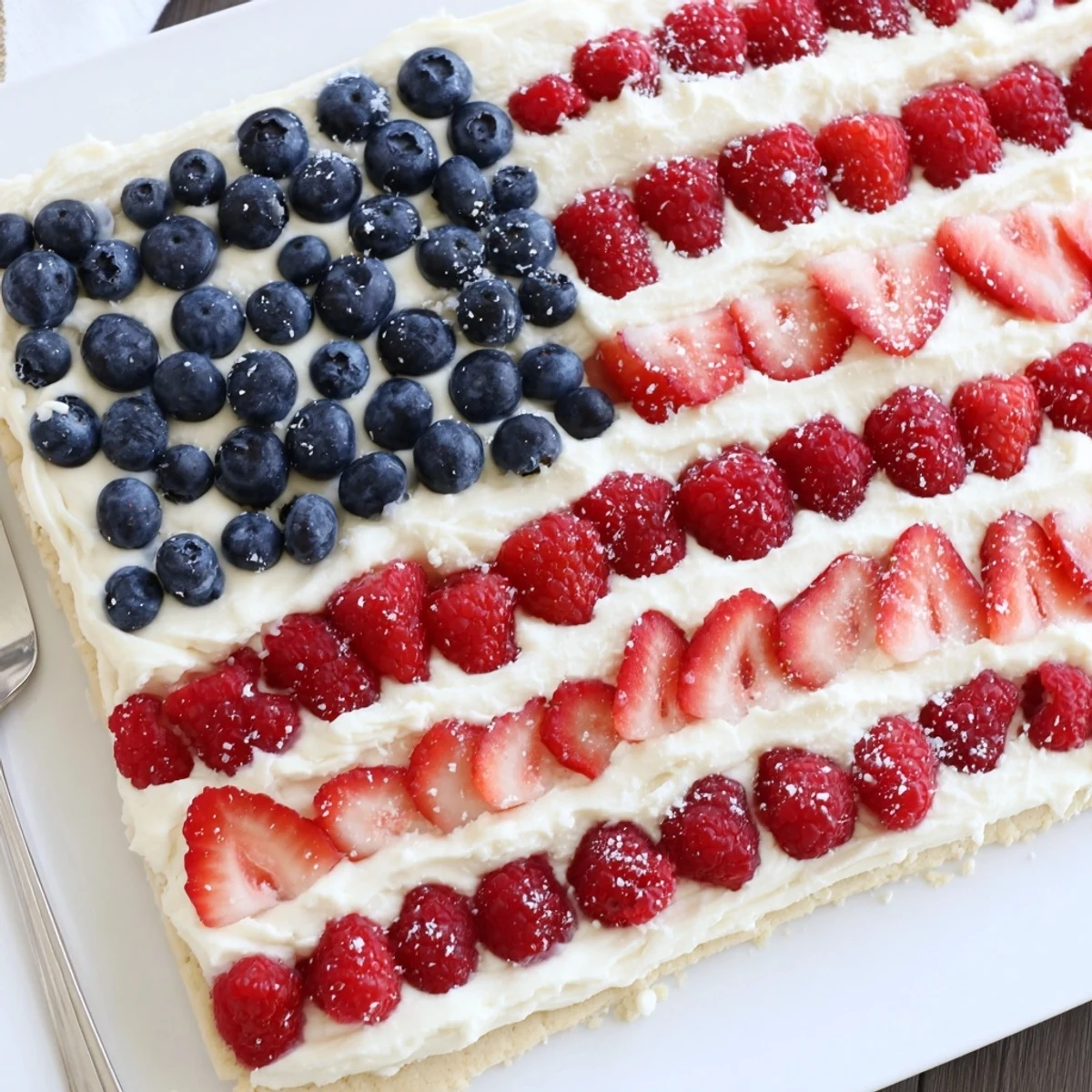 Freshly baked Sugar Cookie Flag Fruit Pizza cooling on pan, colorful berry stripes.