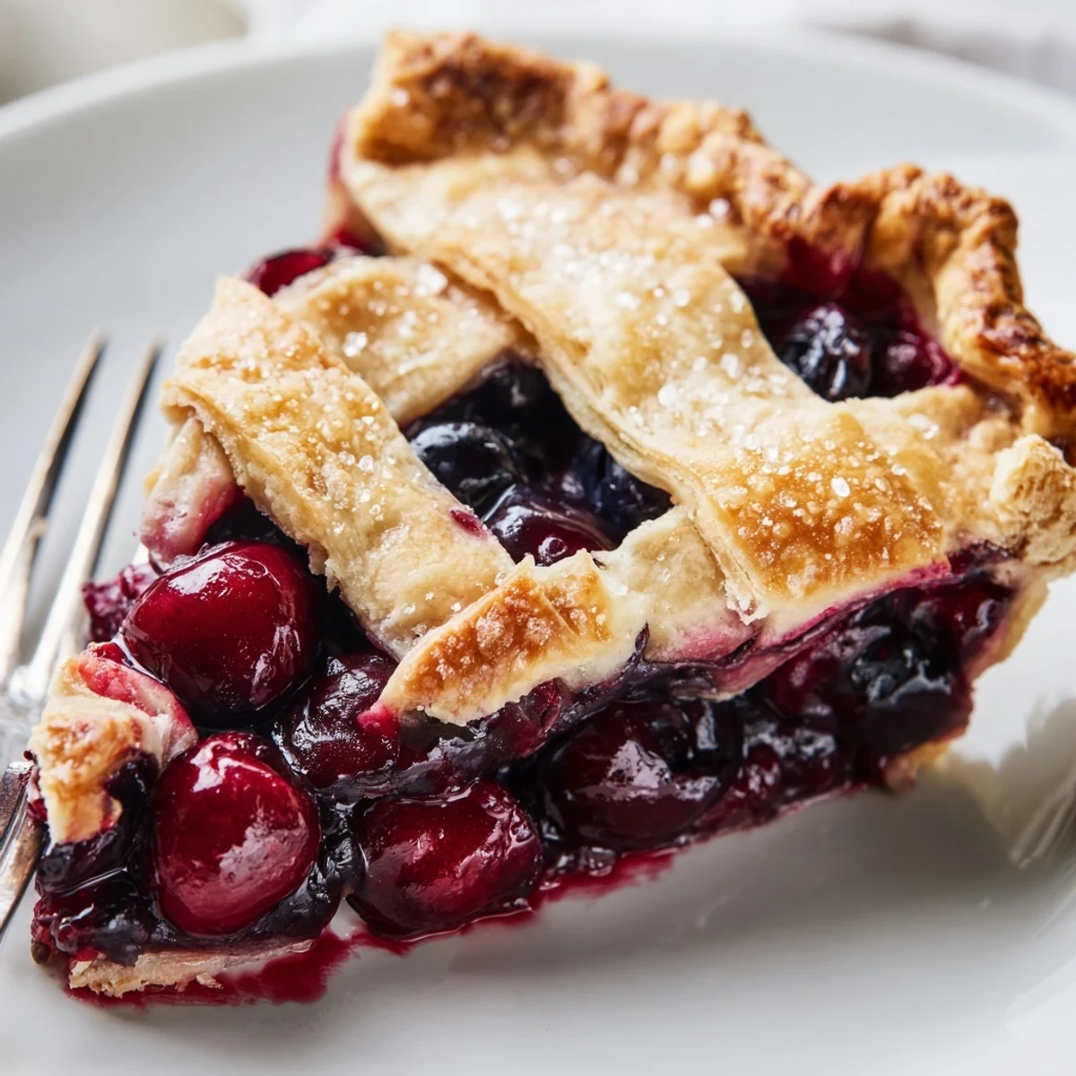Cherry And Blueberry Pie with bubbling glossy filling and golden flaky crust.
