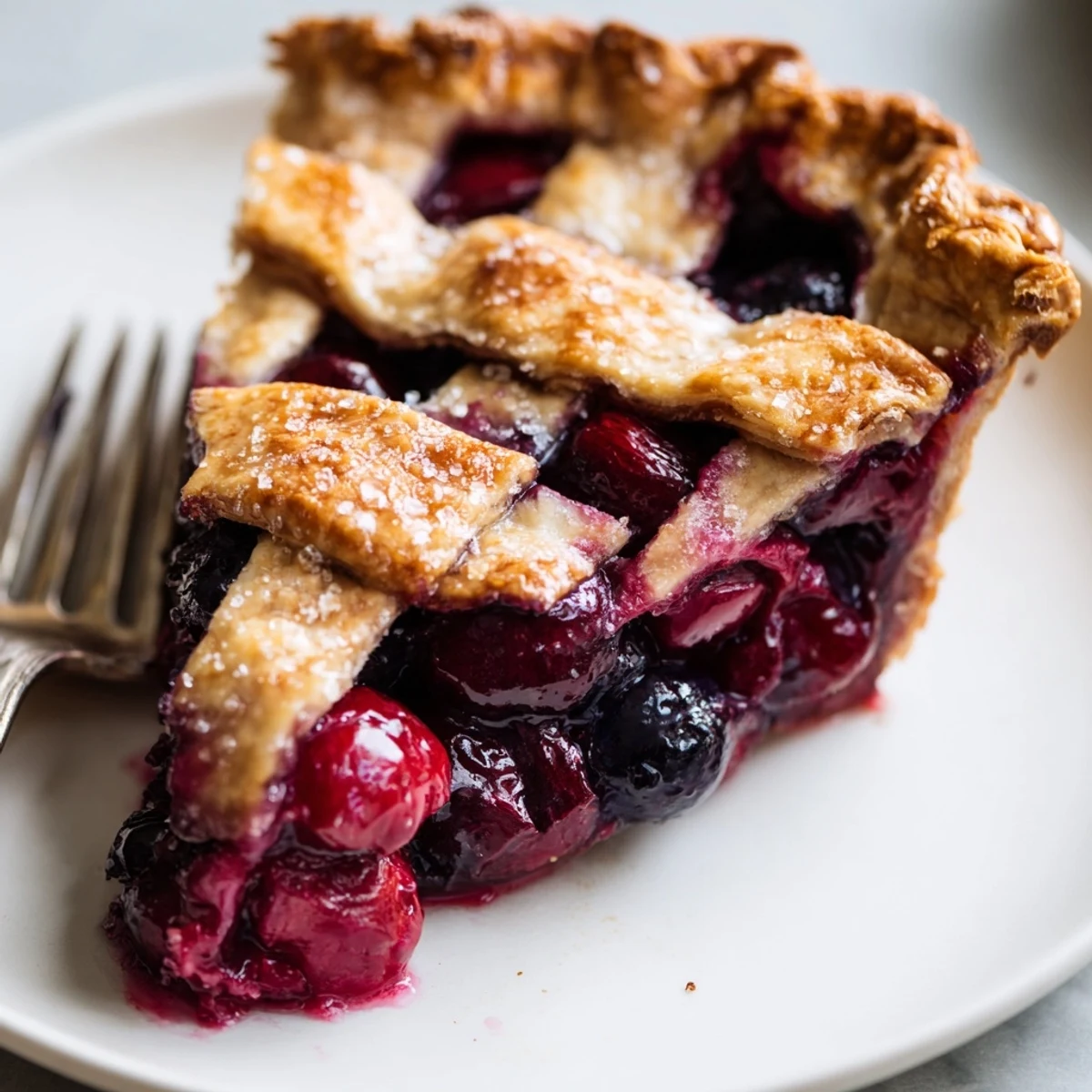 Warm Cherry And Blueberry Pie served with melting vanilla ice cream.