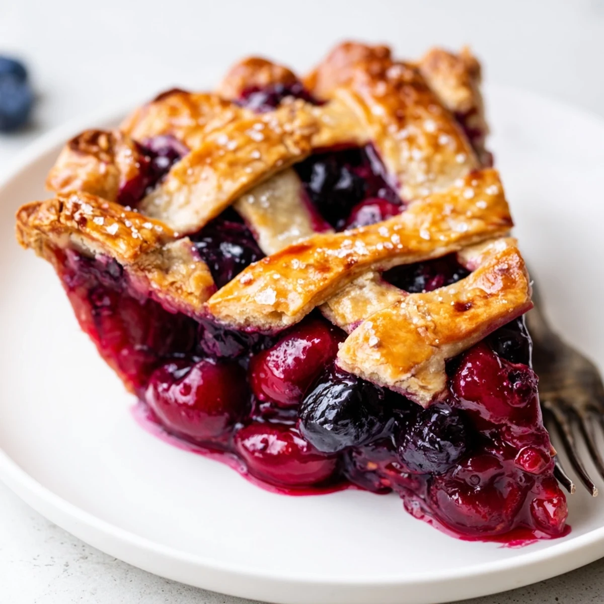 Slice of Cherry And Blueberry Pie steaming on plate, tart-sweet juices visible.