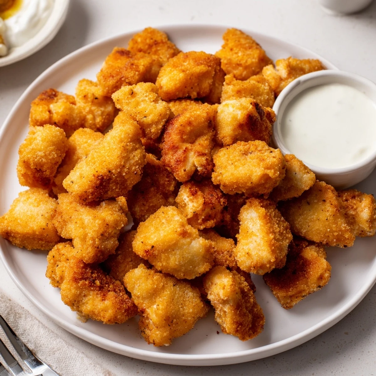 Golden, crispy Chicken Bites piled on a platter with ranch dipping sauce