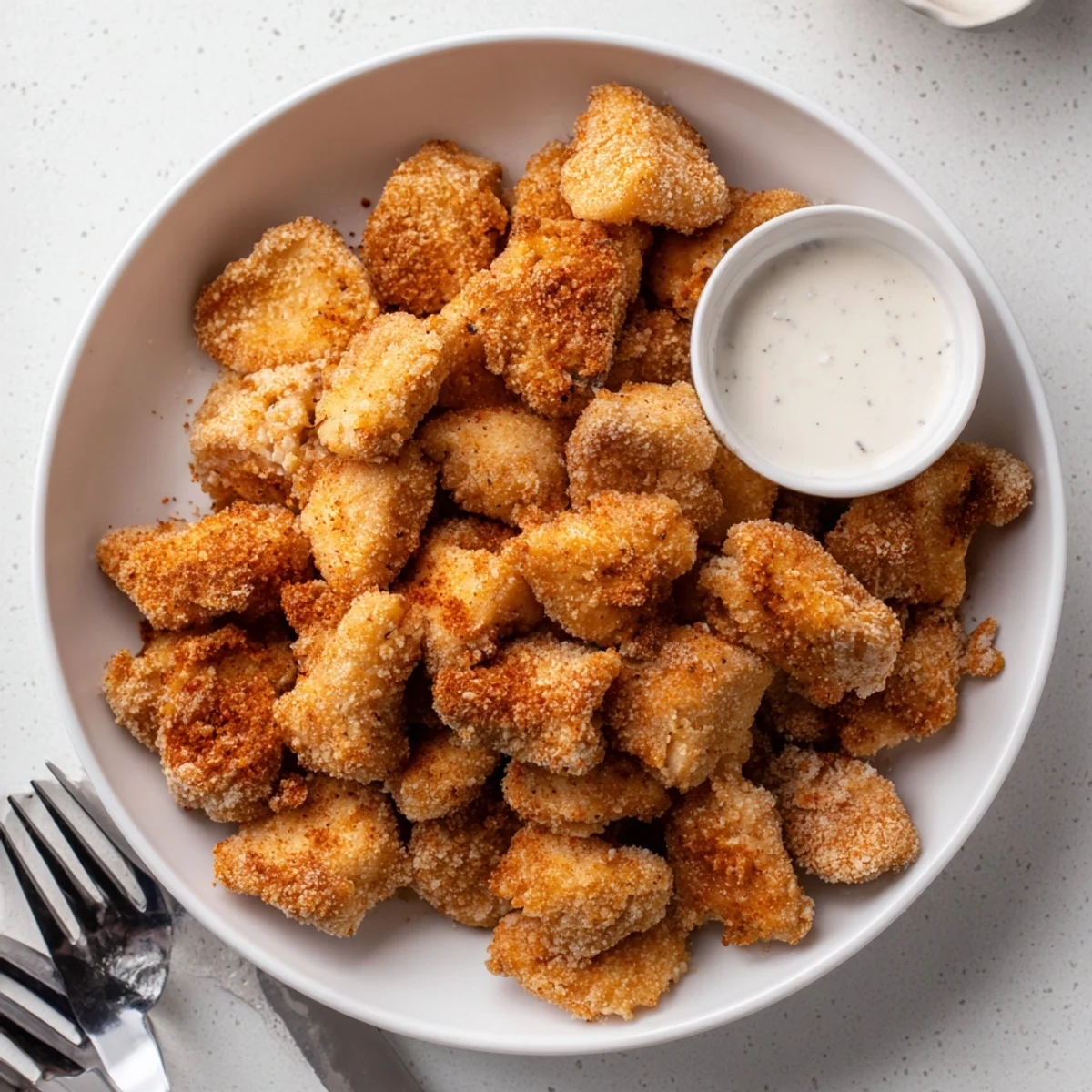 Juicy, tender Chicken Bites with steam rising, crunchy golden brown coating