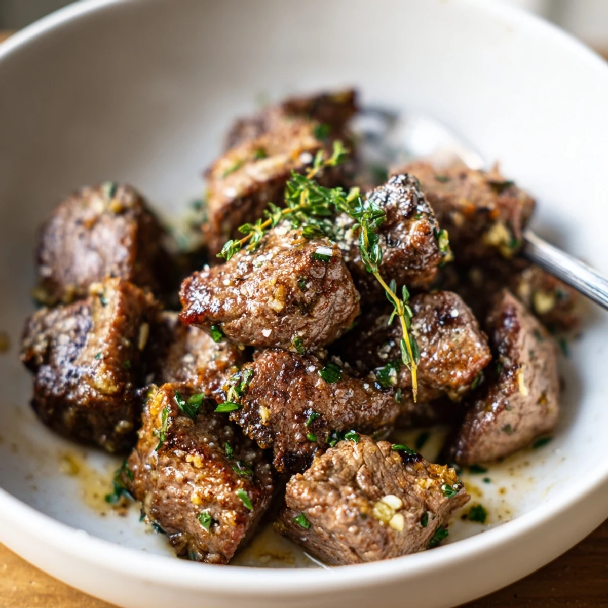 Garlic Butter Steak Bites sizzling in a cast-iron skillet, glossy herb butter