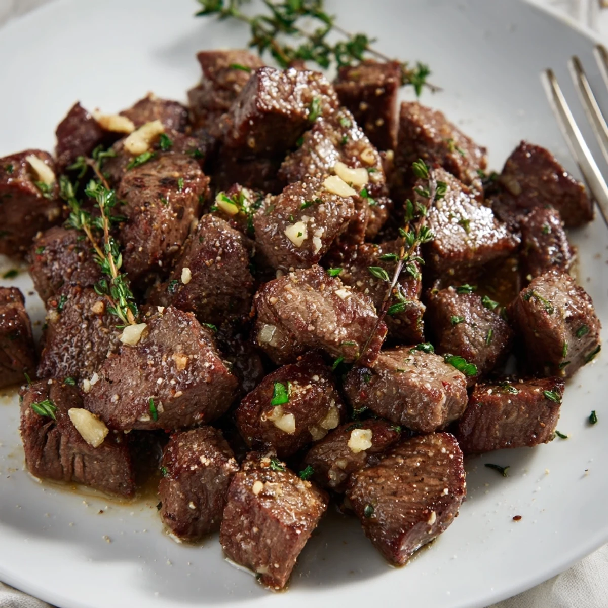 Pan-seared Garlic Butter Steak Bites, crusty edges and bright parsley garnish