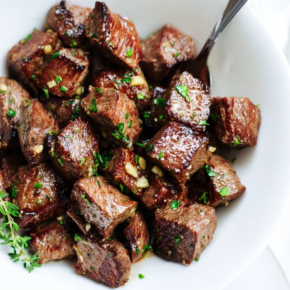 Warm Garlic Butter Steak Bites piled over mashed potatoes, fragrant garlic aroma