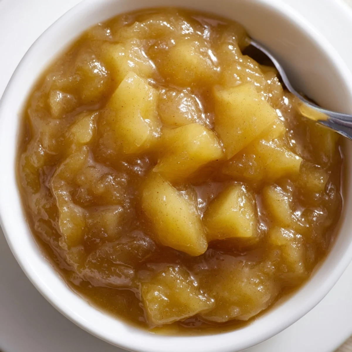 Fall Caramel Apple Jam glistening in jar, chunky apples and warm cinnamon.