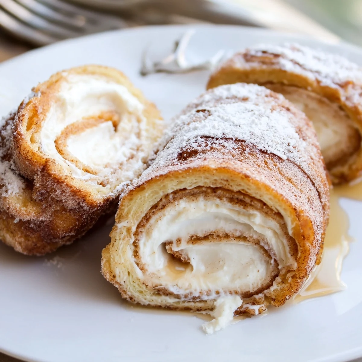 Warm Cinnamon Roll French Toast Roll Ups rolled in cinnamon sugar, served with syrup