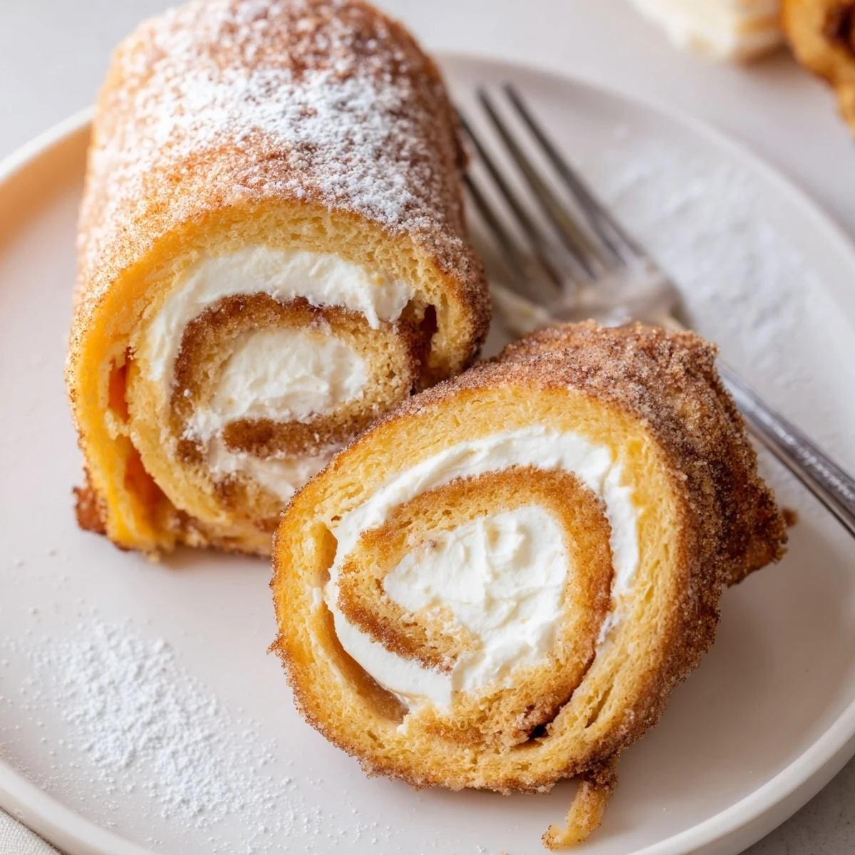 Close up of golden Cinnamon Roll French Toast Roll Ups, cream cheese filling visible