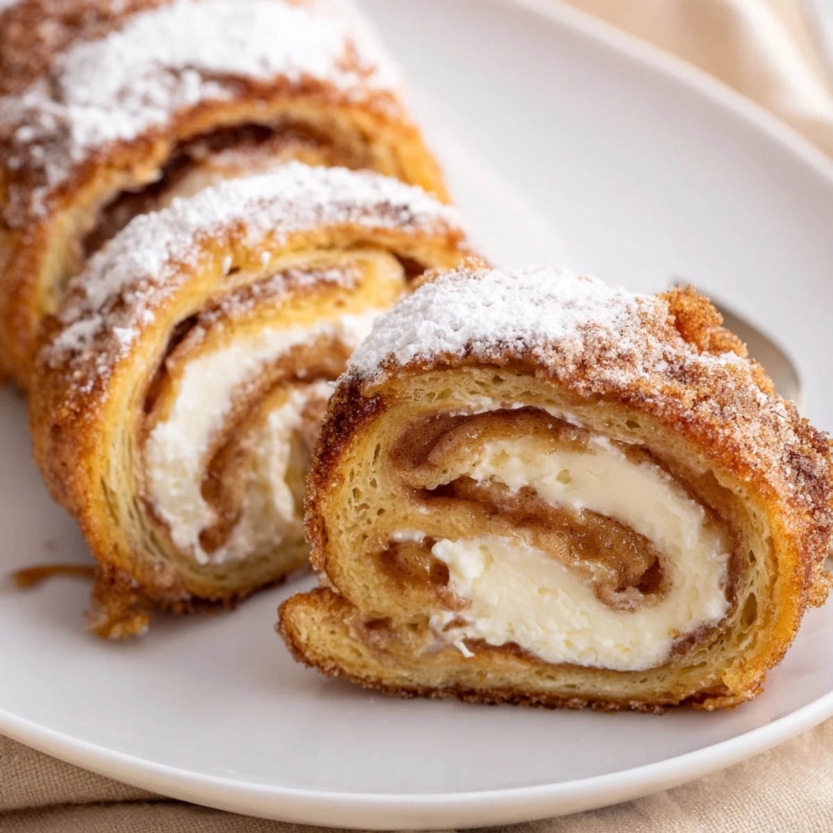 Skillet fried Cinnamon Roll French Toast Roll Ups with crisp edges, warm filling