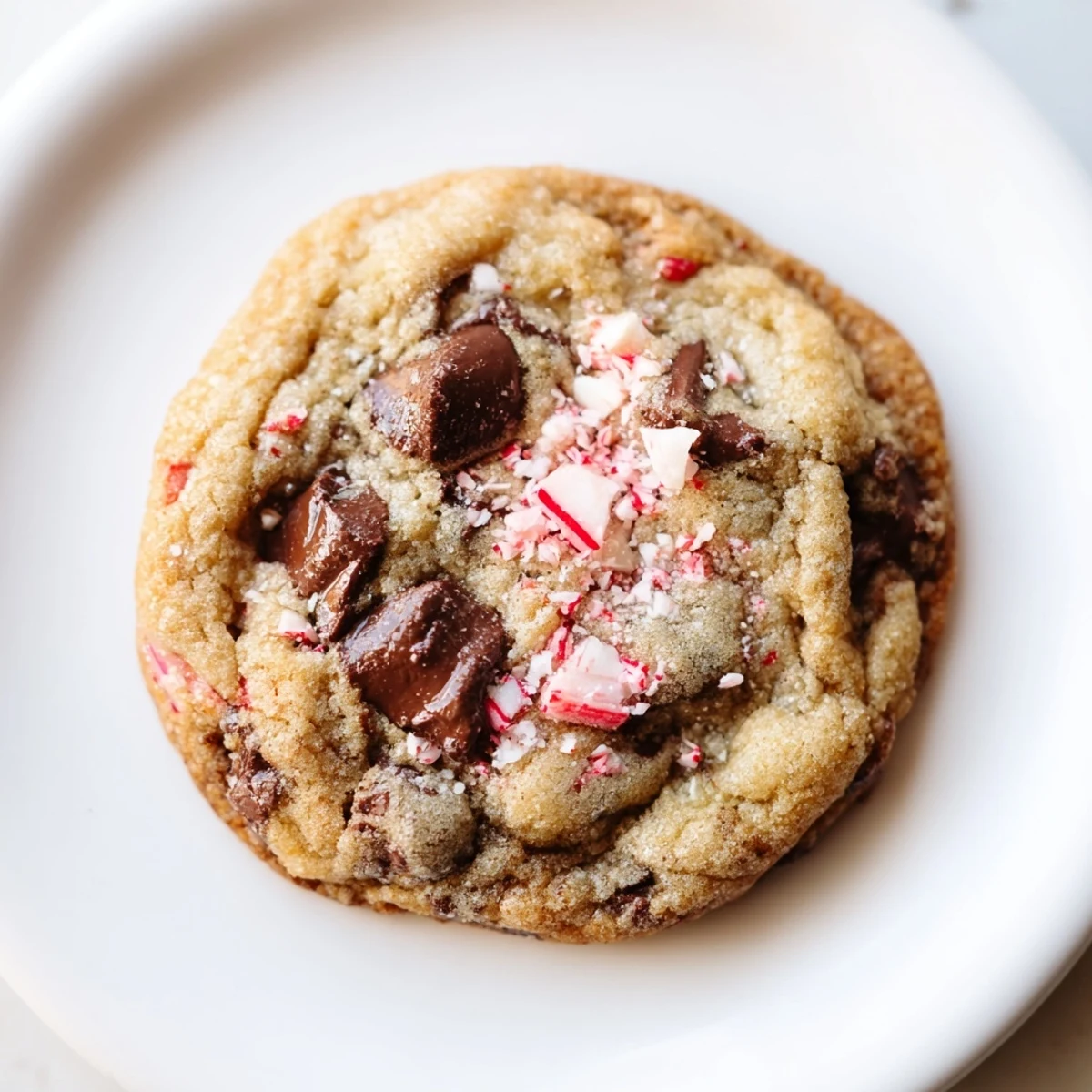 Plate of Peppermint Chocolate Chip Cookies sprinkled with crushed candy, chewy centers.