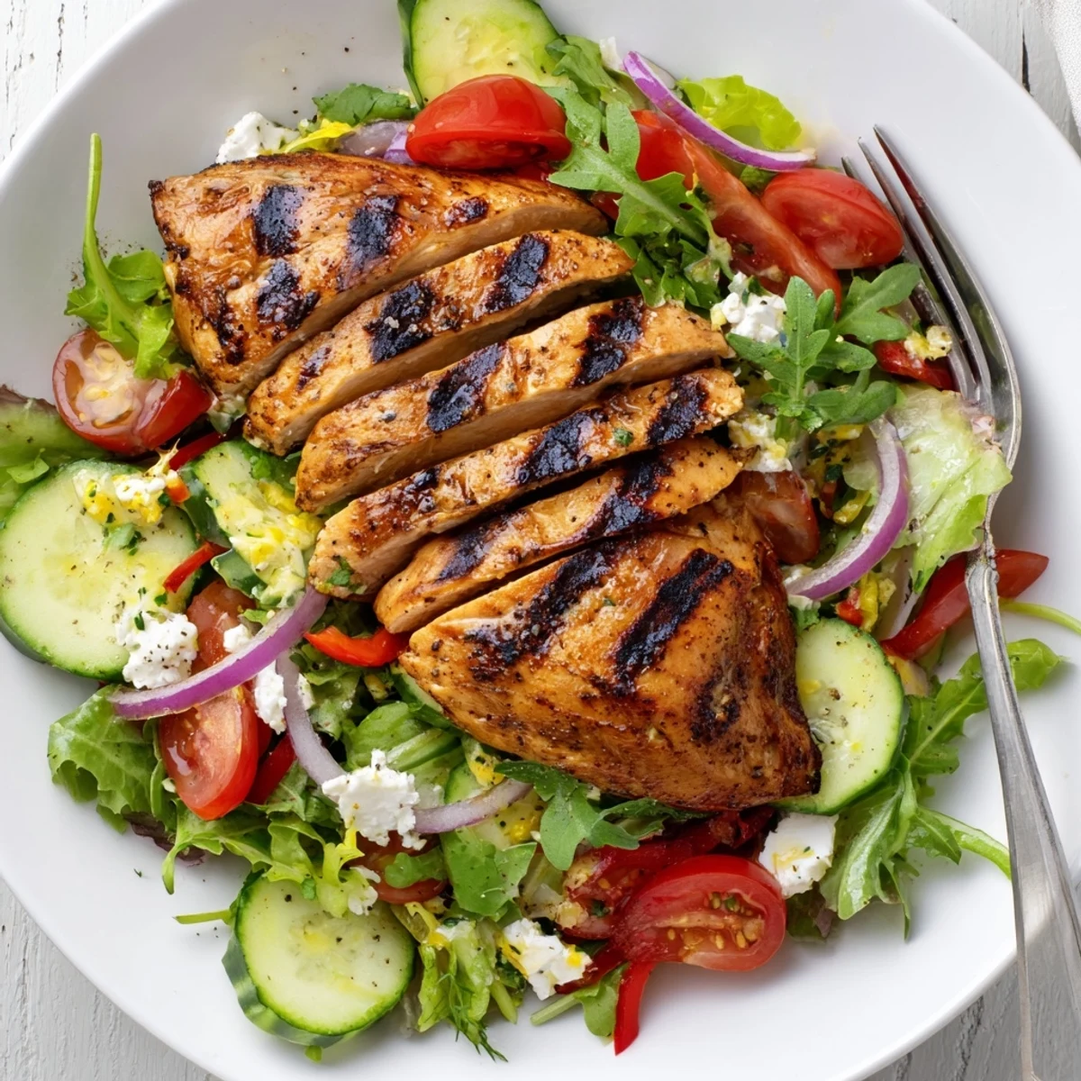 Grilled Chicken Salad Avocado Herb Dressing showcasing sliced smoky chicken over vibrant greens.