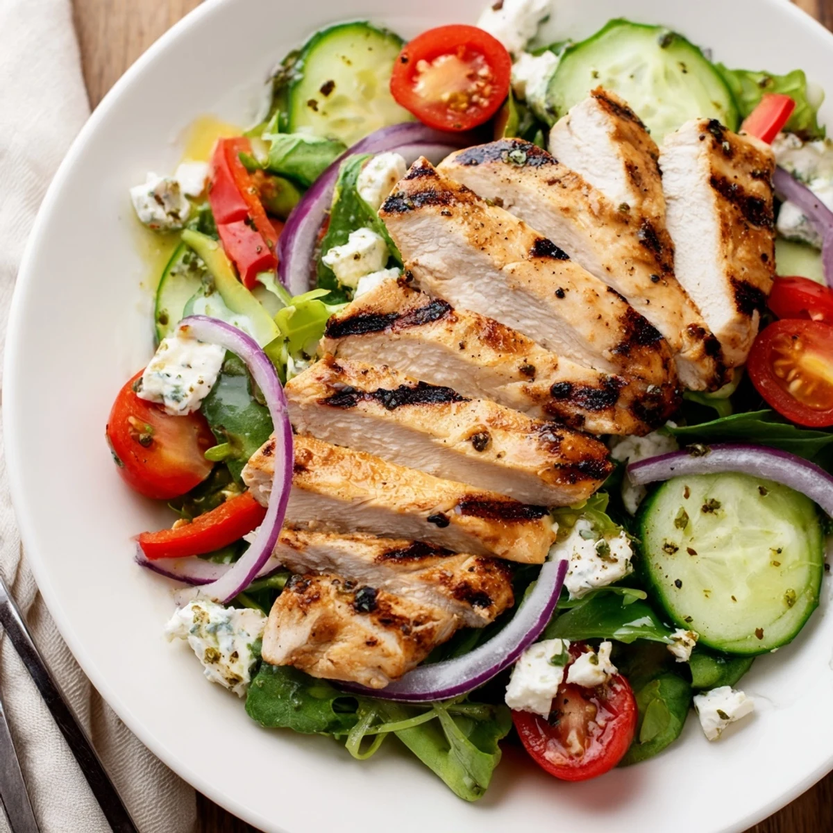 Sliced warm chicken, cherry tomatoes, and lime on Grilled Chicken Salad Avocado Herb Dressing.