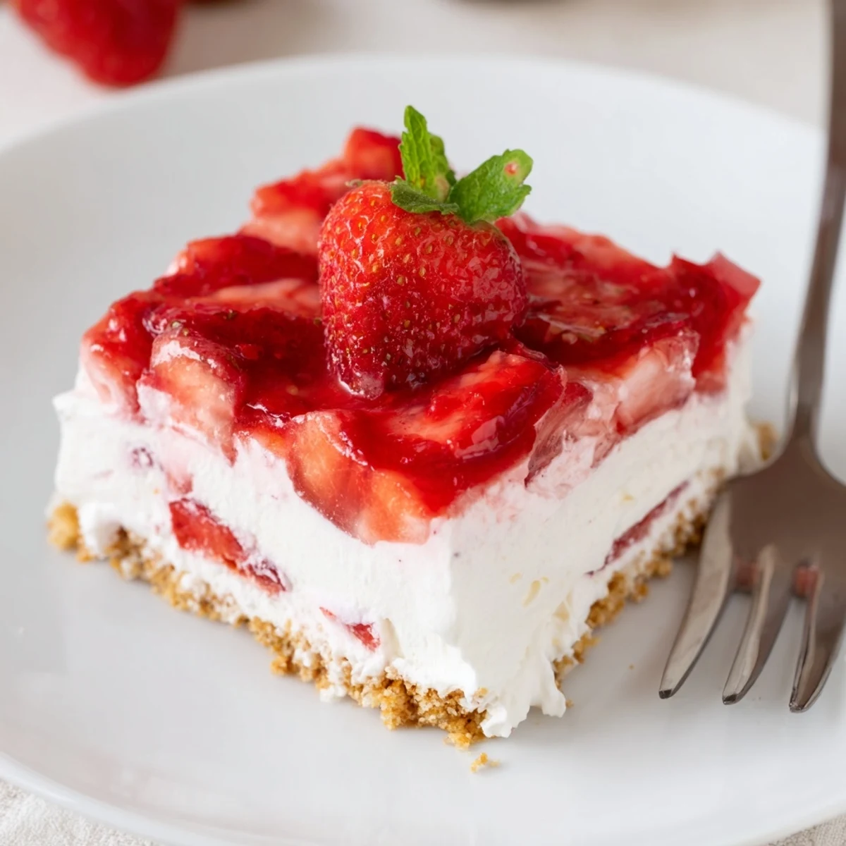 No Bake Strawberry Shortcake Dessert with silky cream, juicy strawberries, graham crunch