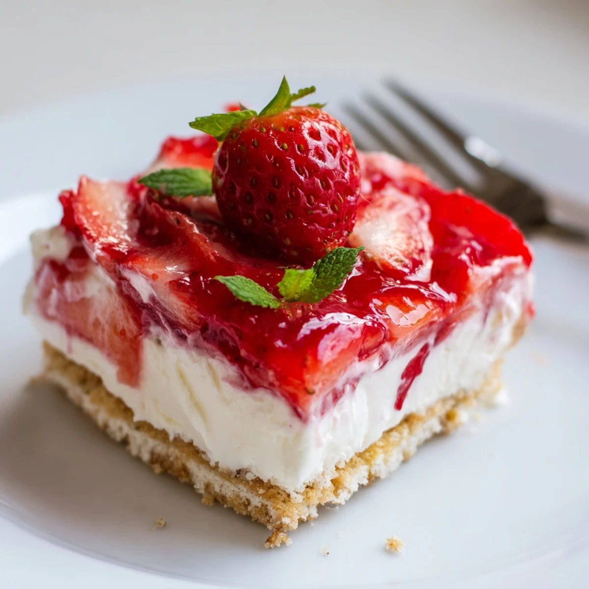 Chilled No Bake Strawberry Shortcake Dessert layered in dish, topped with mint