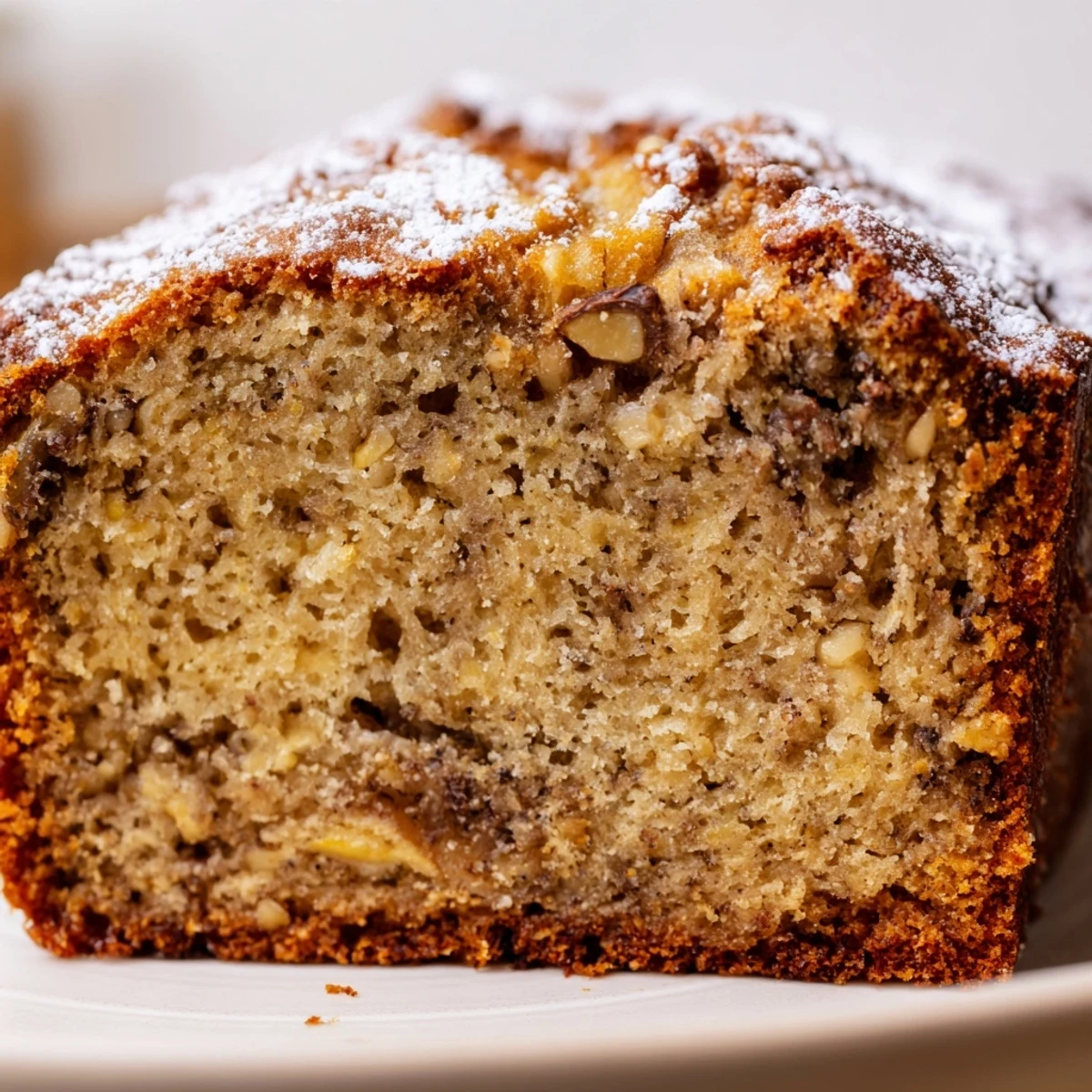 Banana Bread Cake Recipe: moist golden slices dusted with powdered sugar, steaming