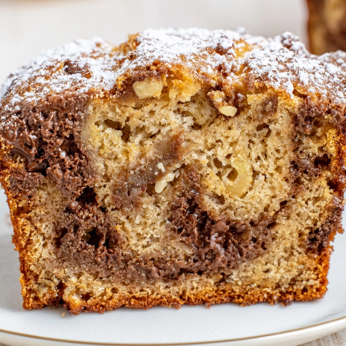Banana Bread Cake Recipe cooling on wire rack, nut-speckled crumb, fork-ready