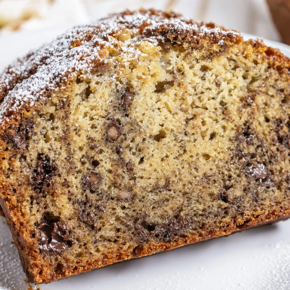 Warm Banana Bread Cake Recipe served with melting vanilla ice cream and crumbs
