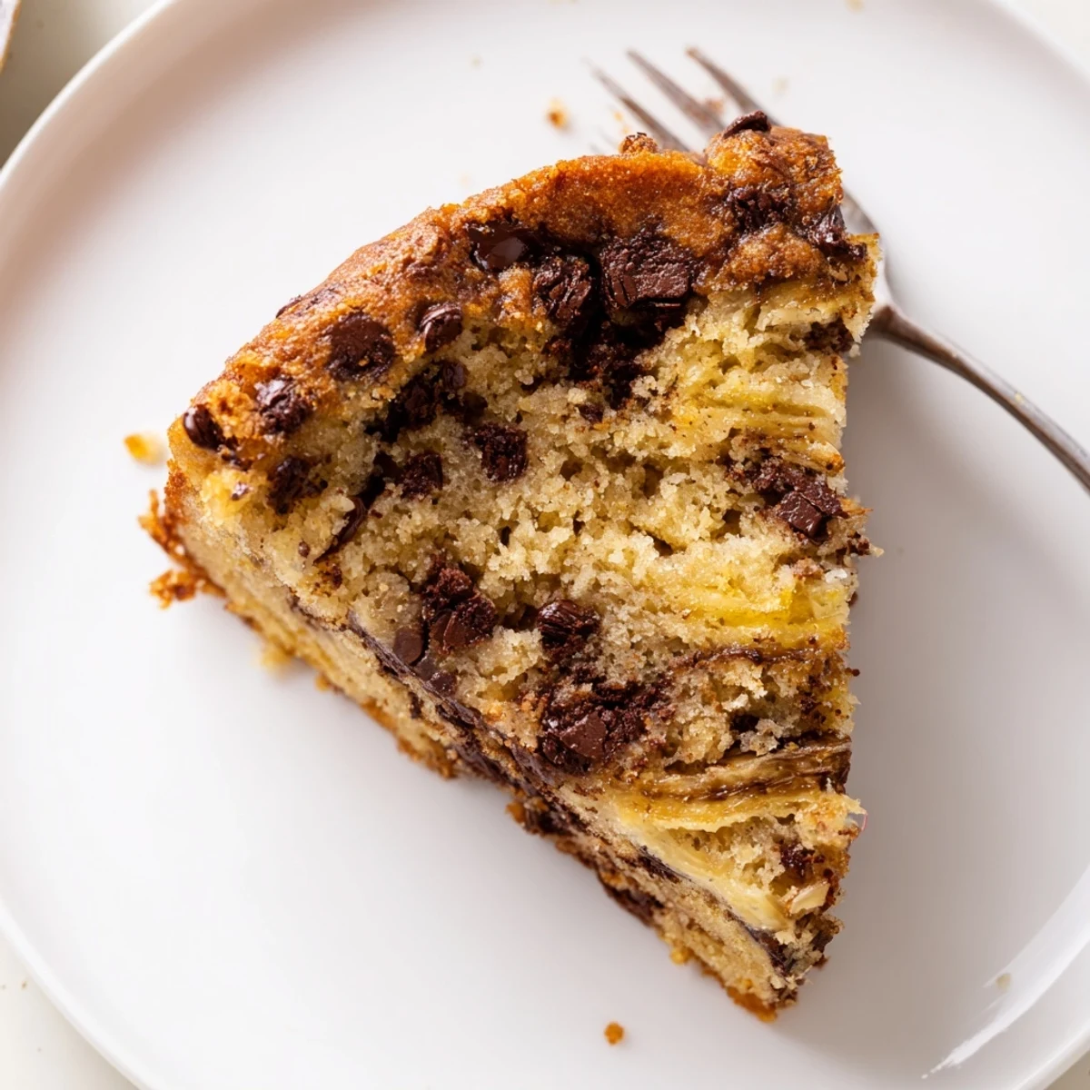 Homestyle Banana Chocolate Chip Cake recipe topped with glossy chips, banana aroma