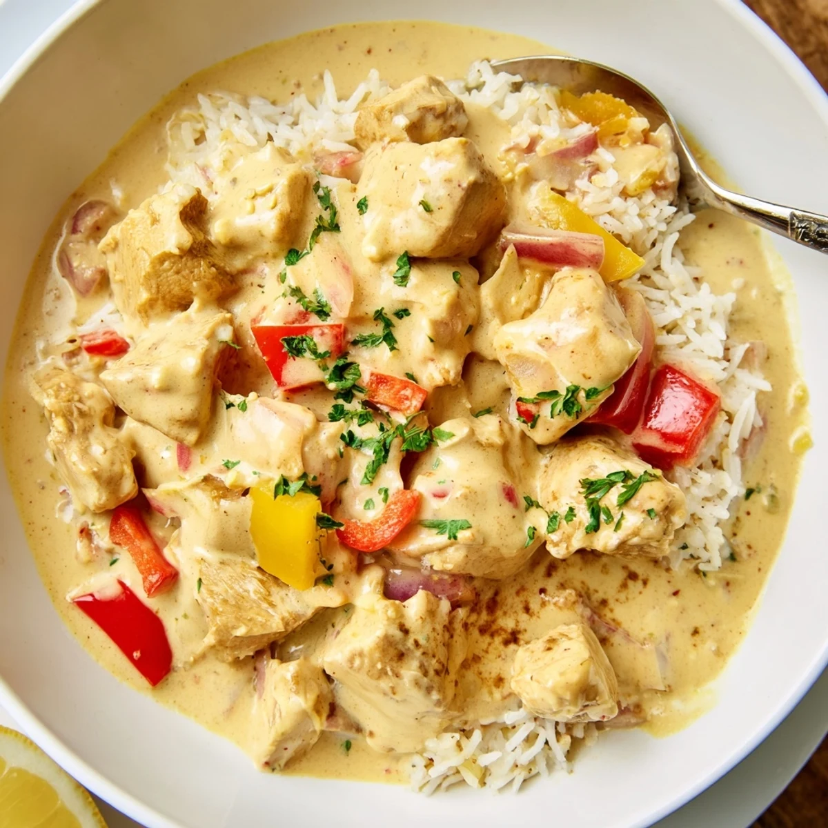 Creamy Cajun Chicken Rice Bowls steaming with tender chicken, colorful peppers, sautéed onions