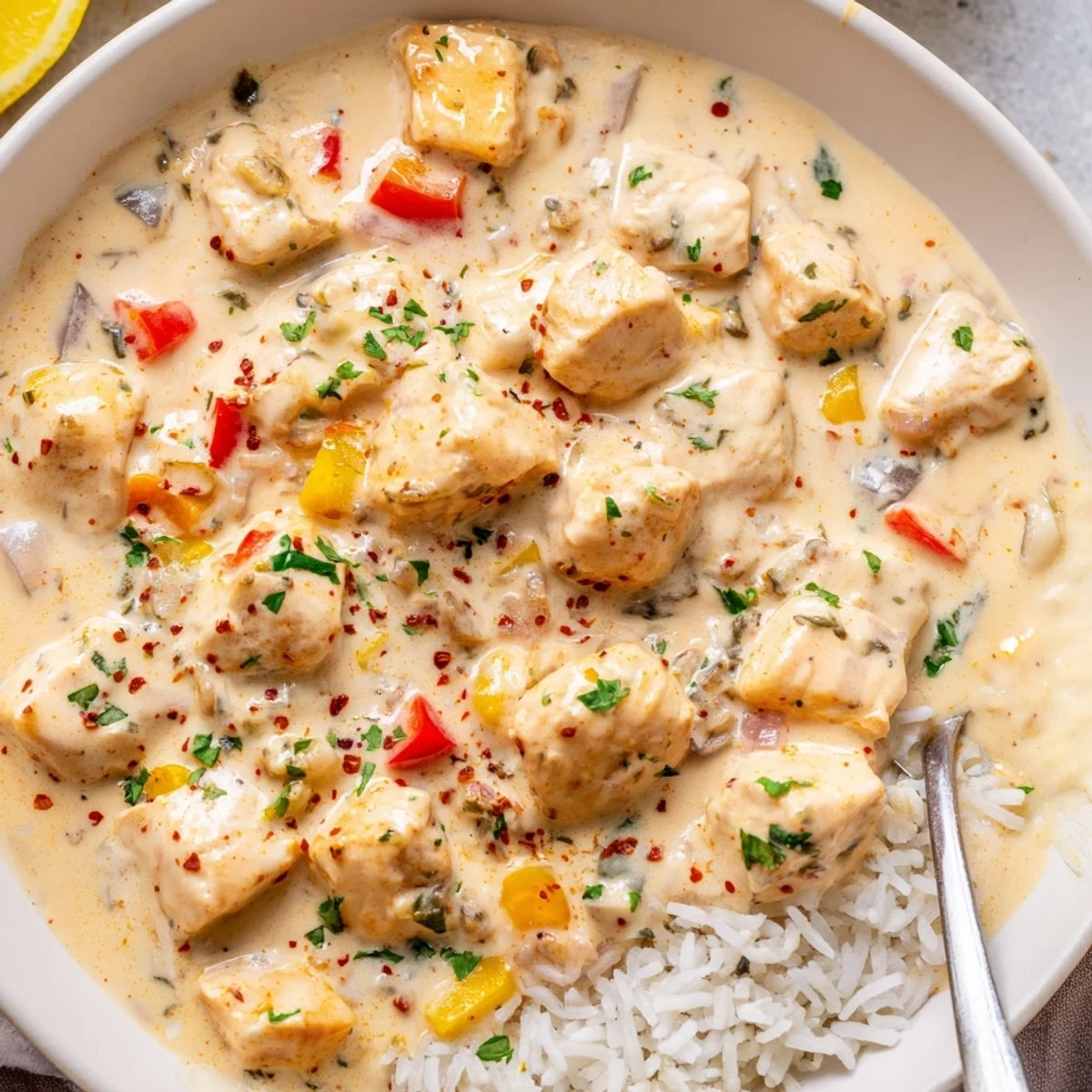 Smoky, silky Creamy Cajun Chicken Rice Bowls served over fluffy white rice