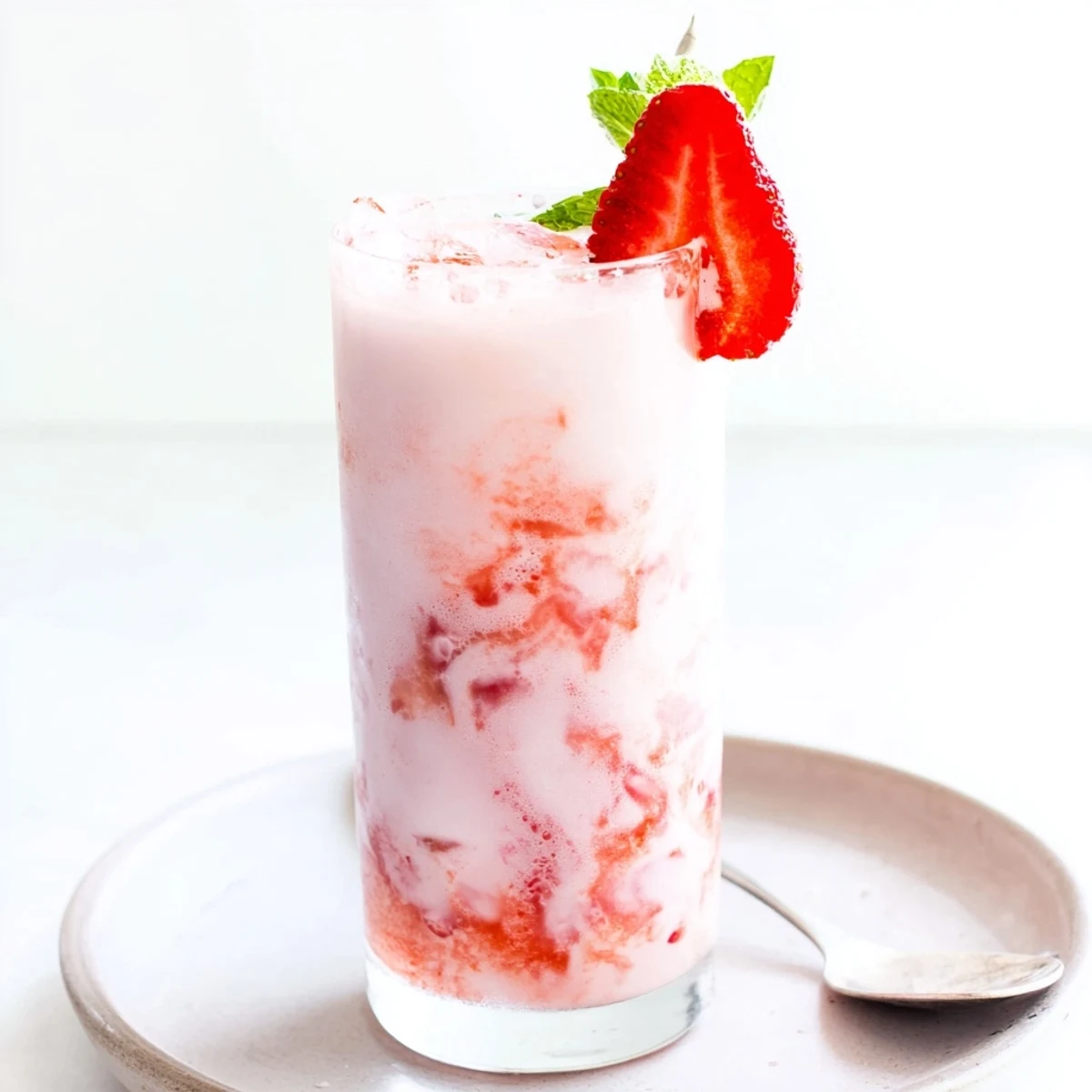 Strawberry Coconut Cooler in chilled glass, frothy pink texture, mint garnish.