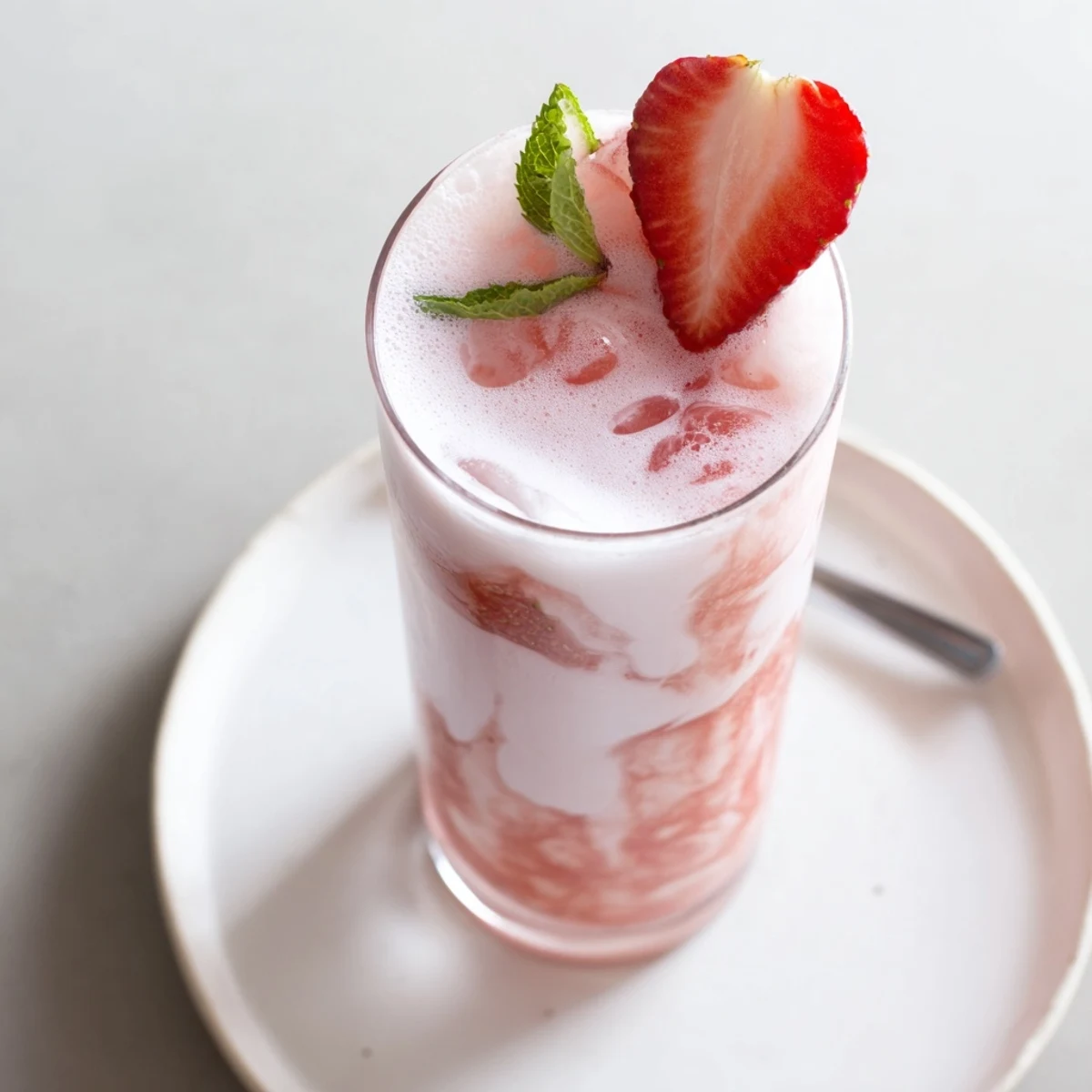 Glass of Strawberry Coconut Cooler ready to serve, creamy, tangy lime finish.