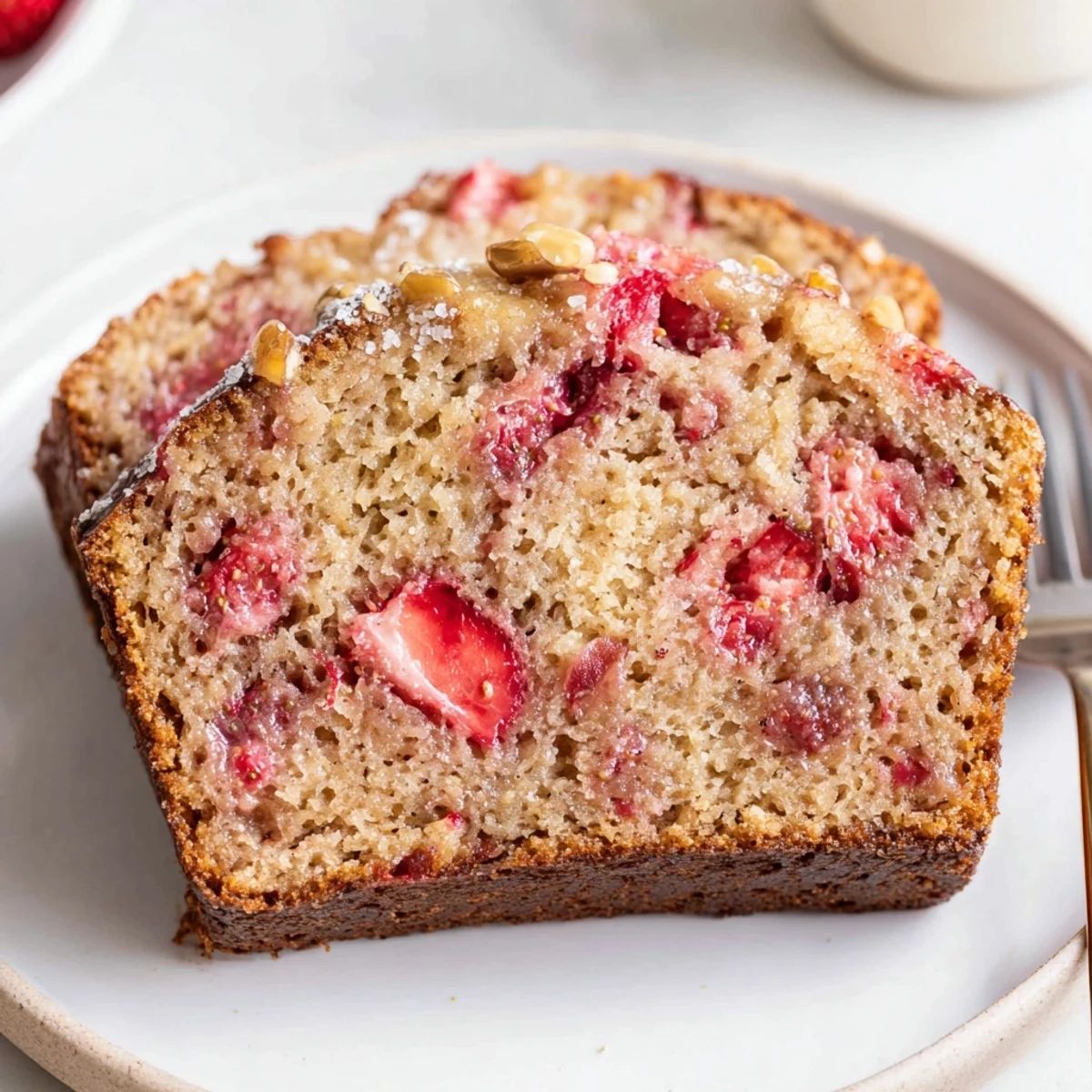 Warm Strawberry Banana Bread Recipe cooling on rack, strawberries glistening, steam rising