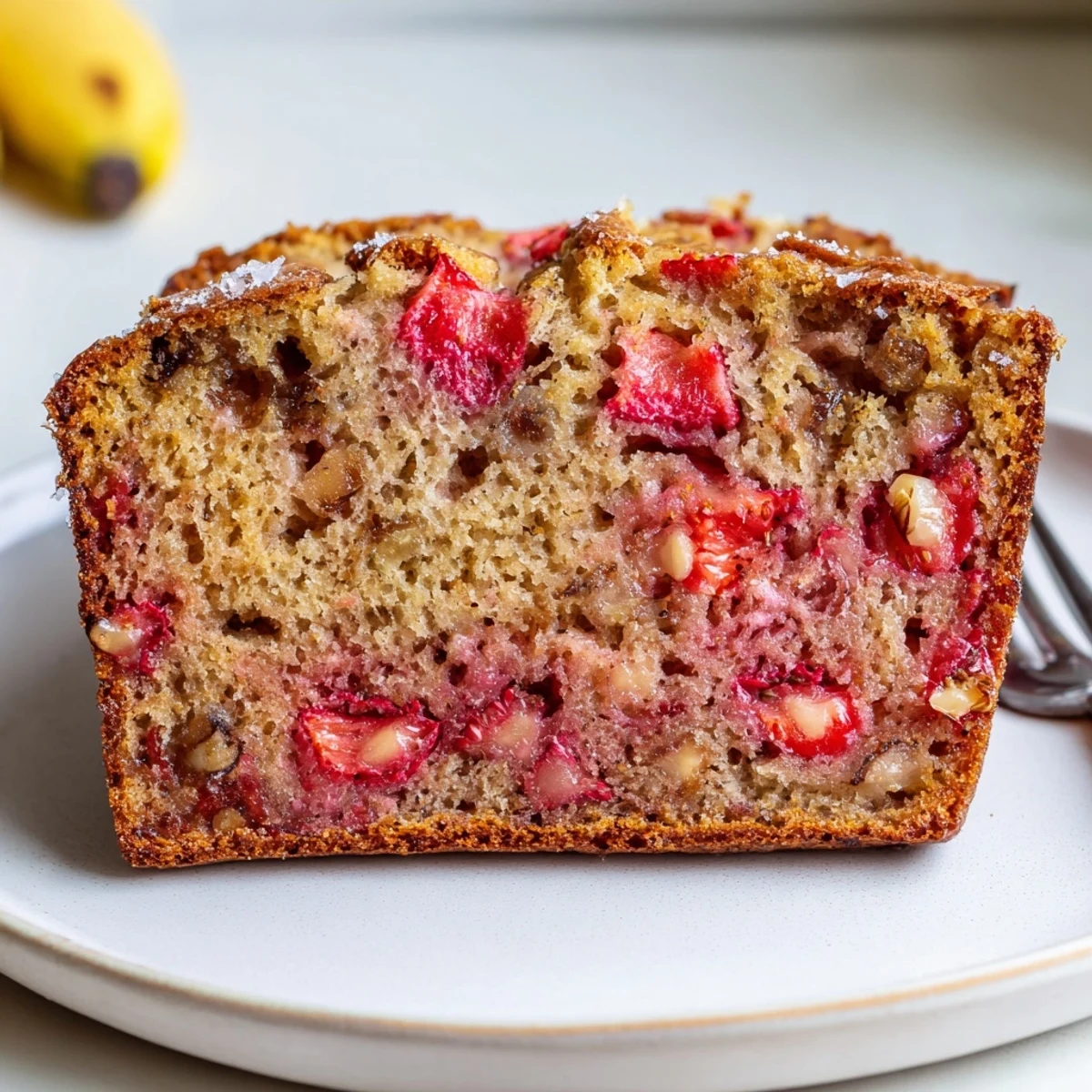 Fresh-baked Strawberry Banana Bread Recipe arranged for breakfast, juicy strawberry pockets visible