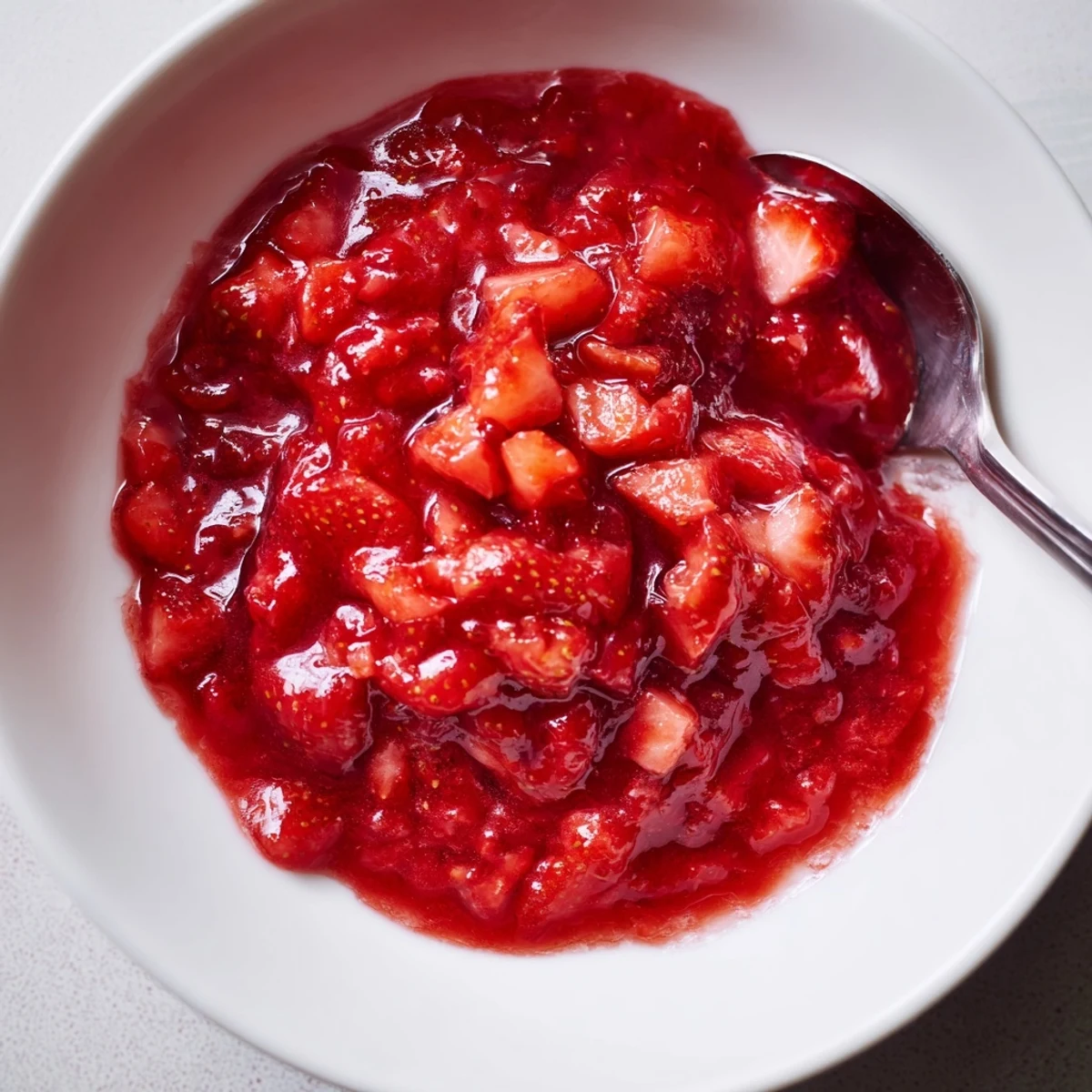 Glossy homemade Strawberry Cake Filling Recipe spooned between vanilla cake layers