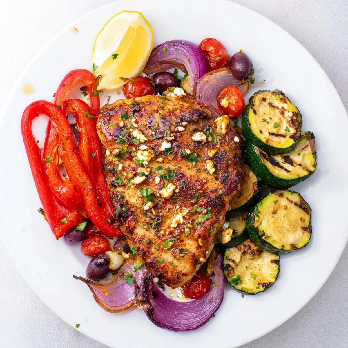 Sheet Pan Mediterranean Chicken Zucchini glistening with roasted tomatoes, olives, and crumbled feta.