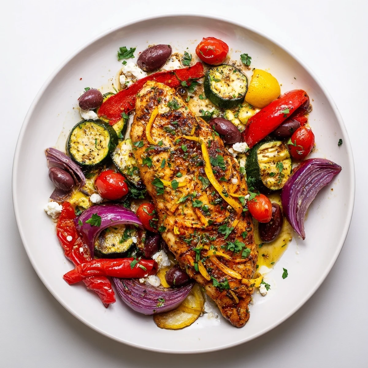 Tender Sheet Pan Mediterranean Chicken Zucchini served with crisp bell peppers and parsley.