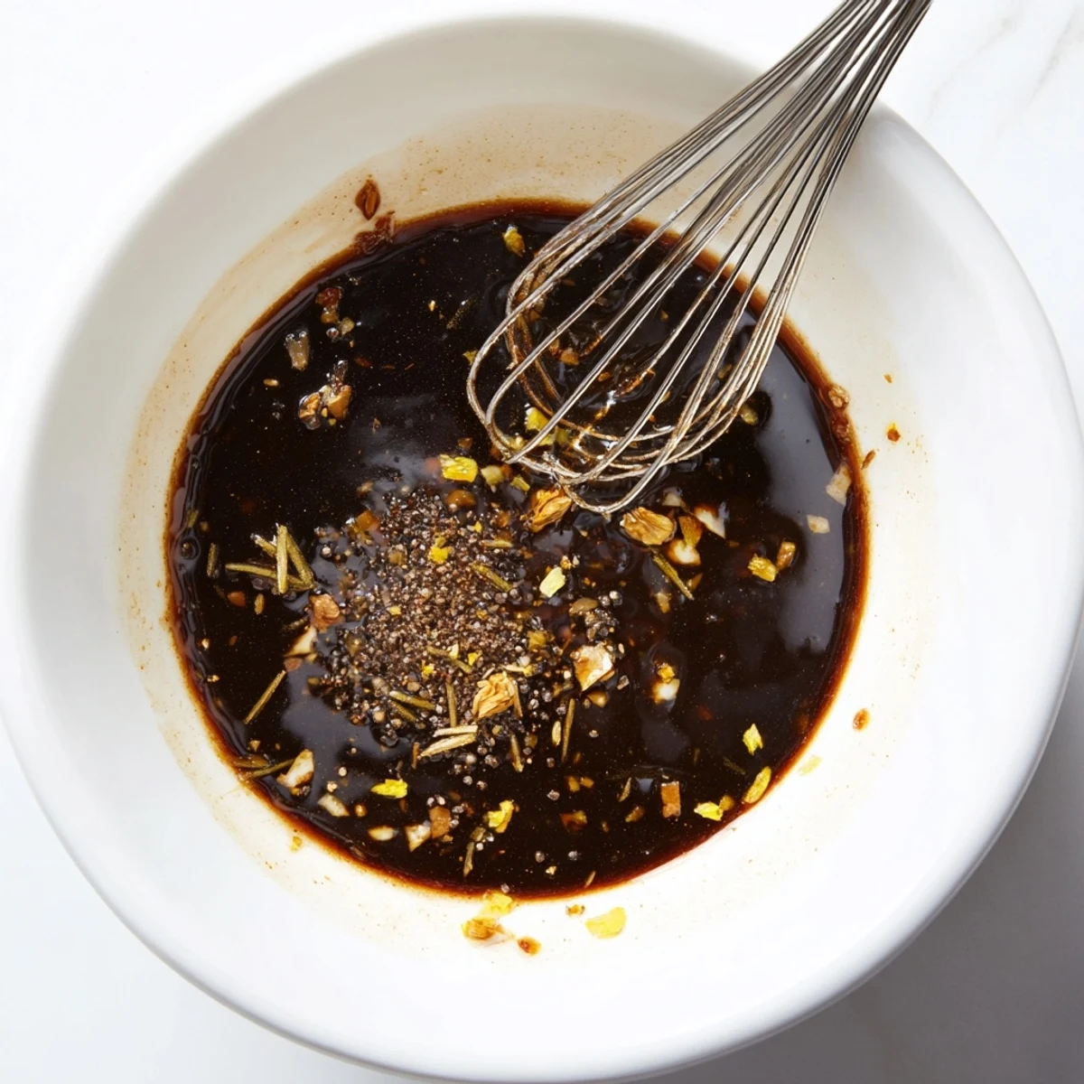 Steak Marinade glistening on sirloin, garlicky aroma, ready for grilling.
