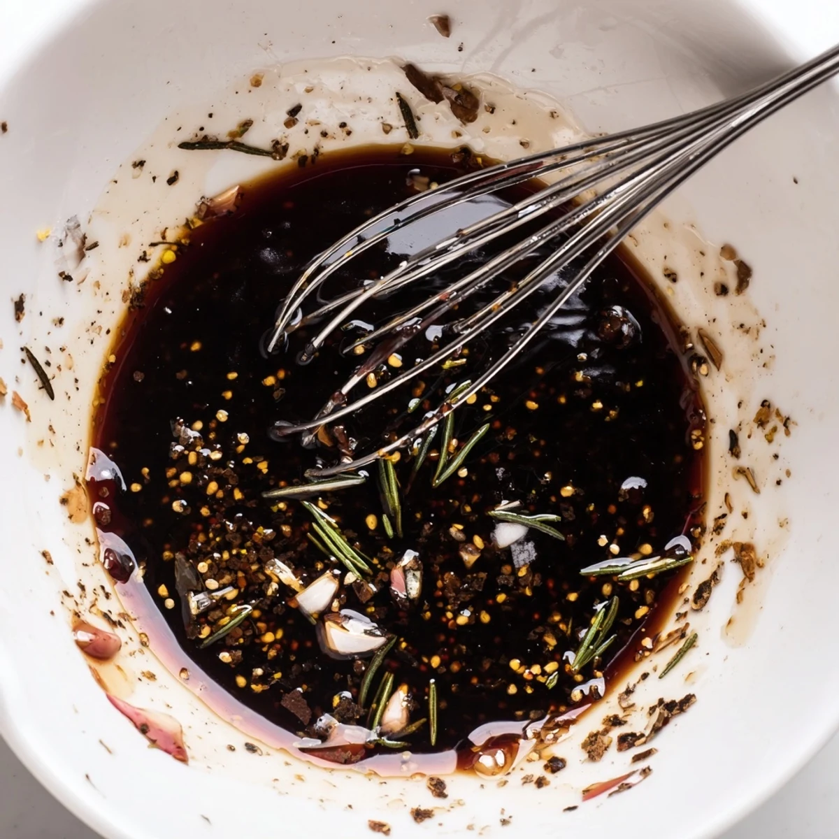 Bowl of Steak Marinade with minced garlic and rosemary, ready to pour.
