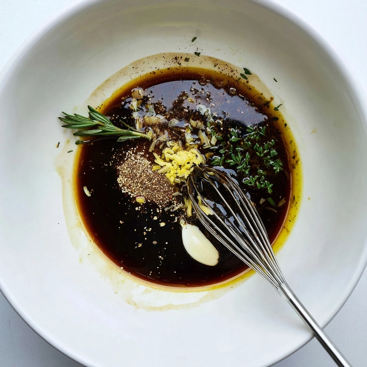 Homemade Steak Marinade soaking flank steak, tangy balsamic and lemon notes.
