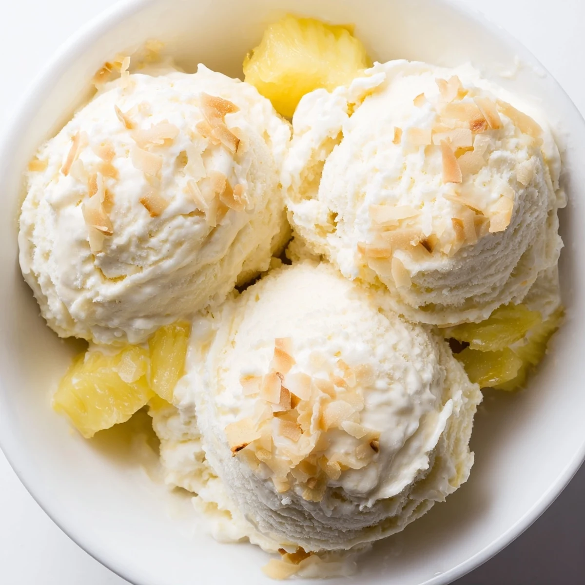 Bright Creamy Pineapple Ice Cream served with rum drizzle and fresh mint