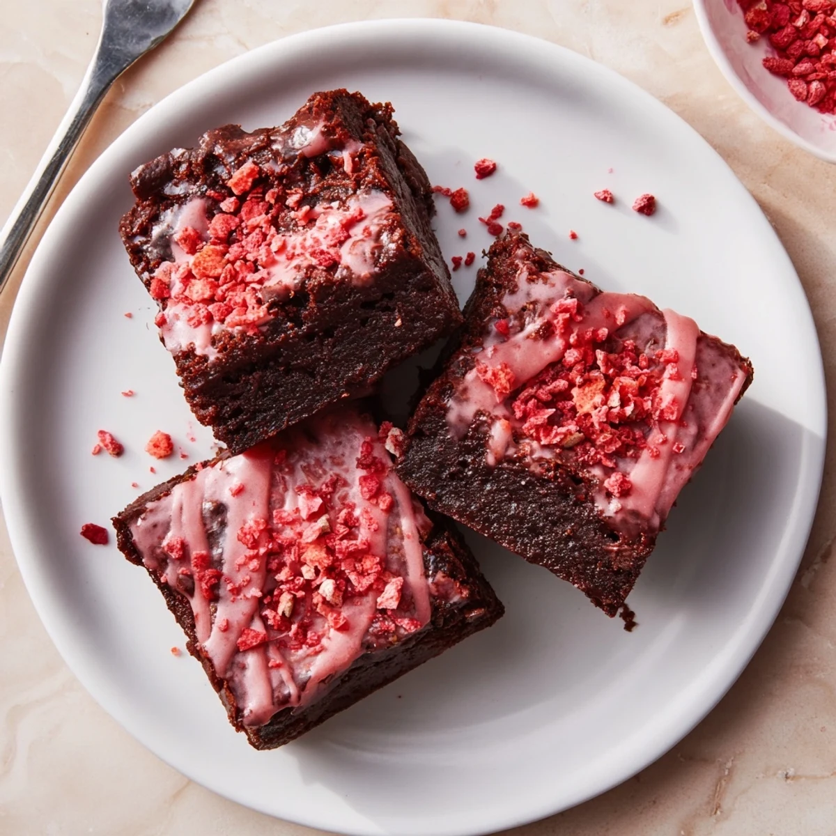 Strawberry Brownies Recipe: fudgy squares glazed with bright strawberry glaze, sliced.