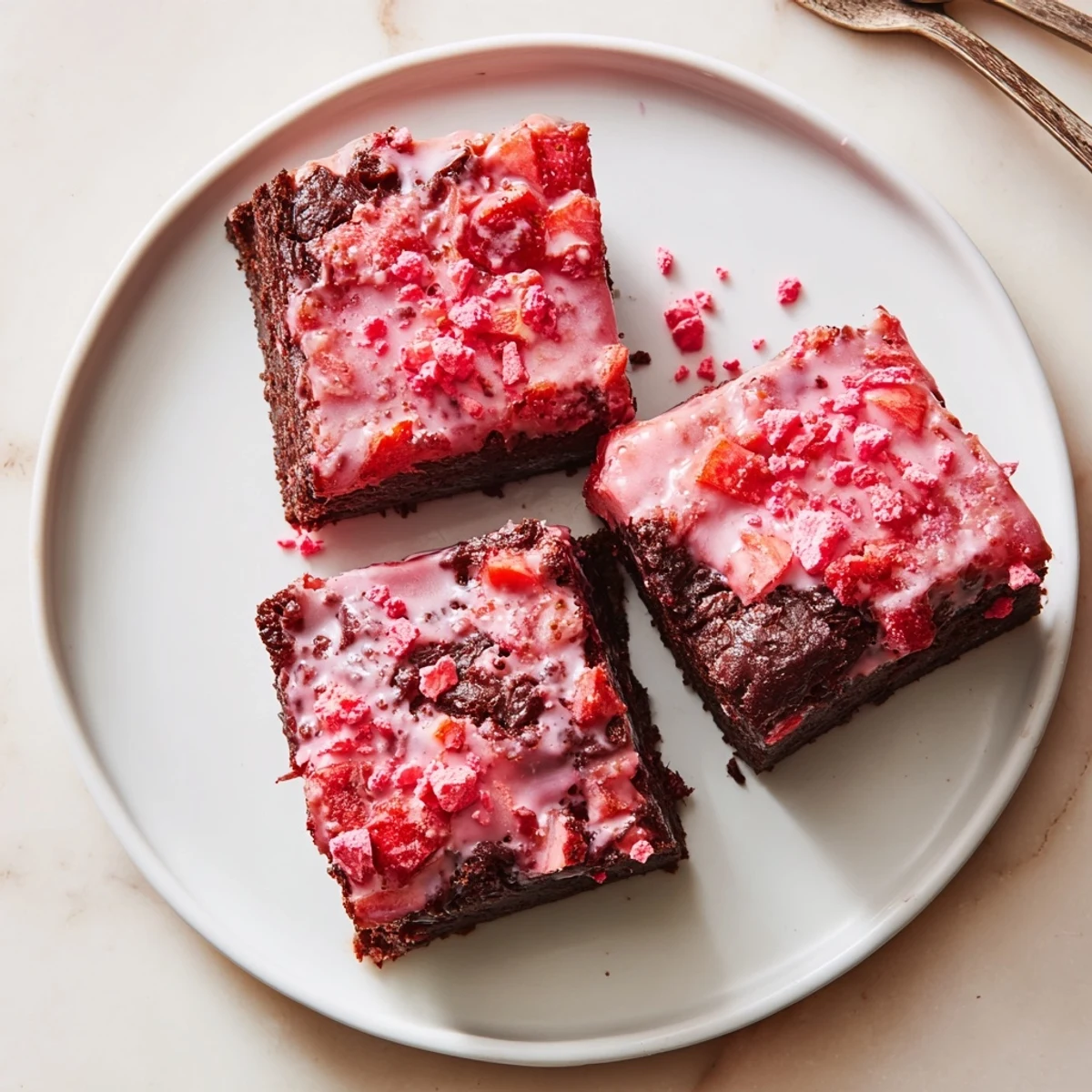 Plated Strawberry Brownies Recipe with whipped cream and fresh berries, spring ready.